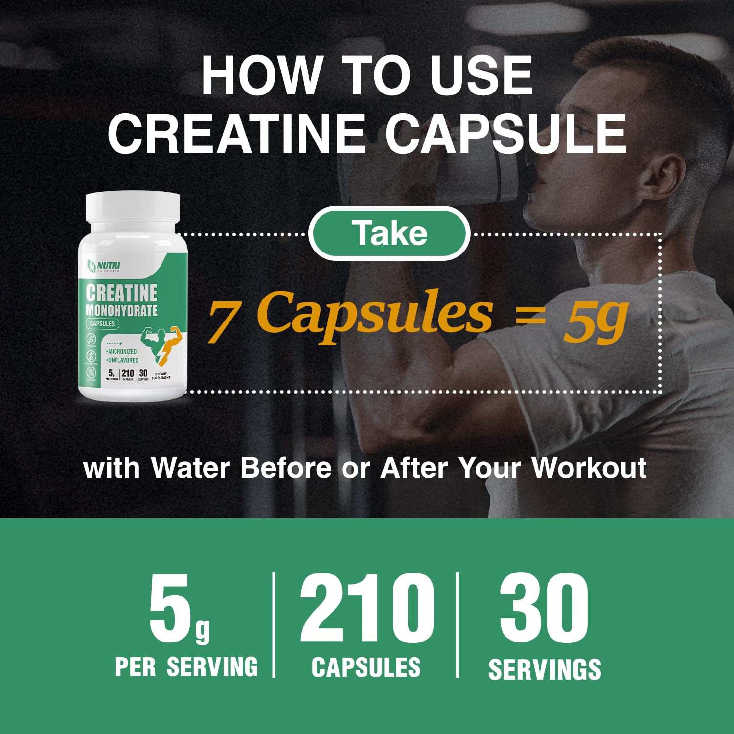 Nutri Potentia Creatina Monohidrato cápsulas, uso en gimnasio, soporte para entrenamientos intensos.