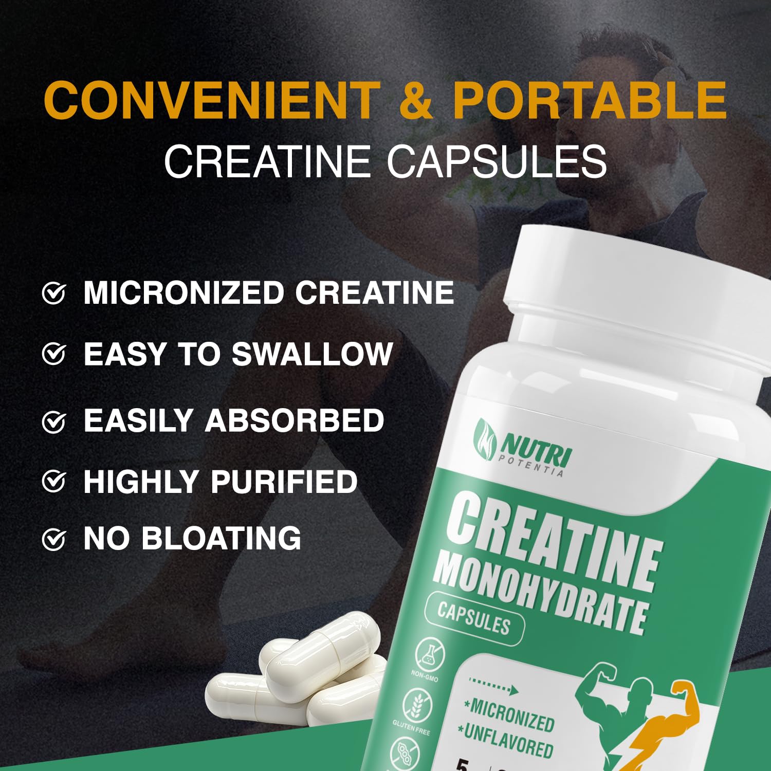 Nutri Potentia Creatina Monohidrato cápsulas, sin sabor, digestión suave.