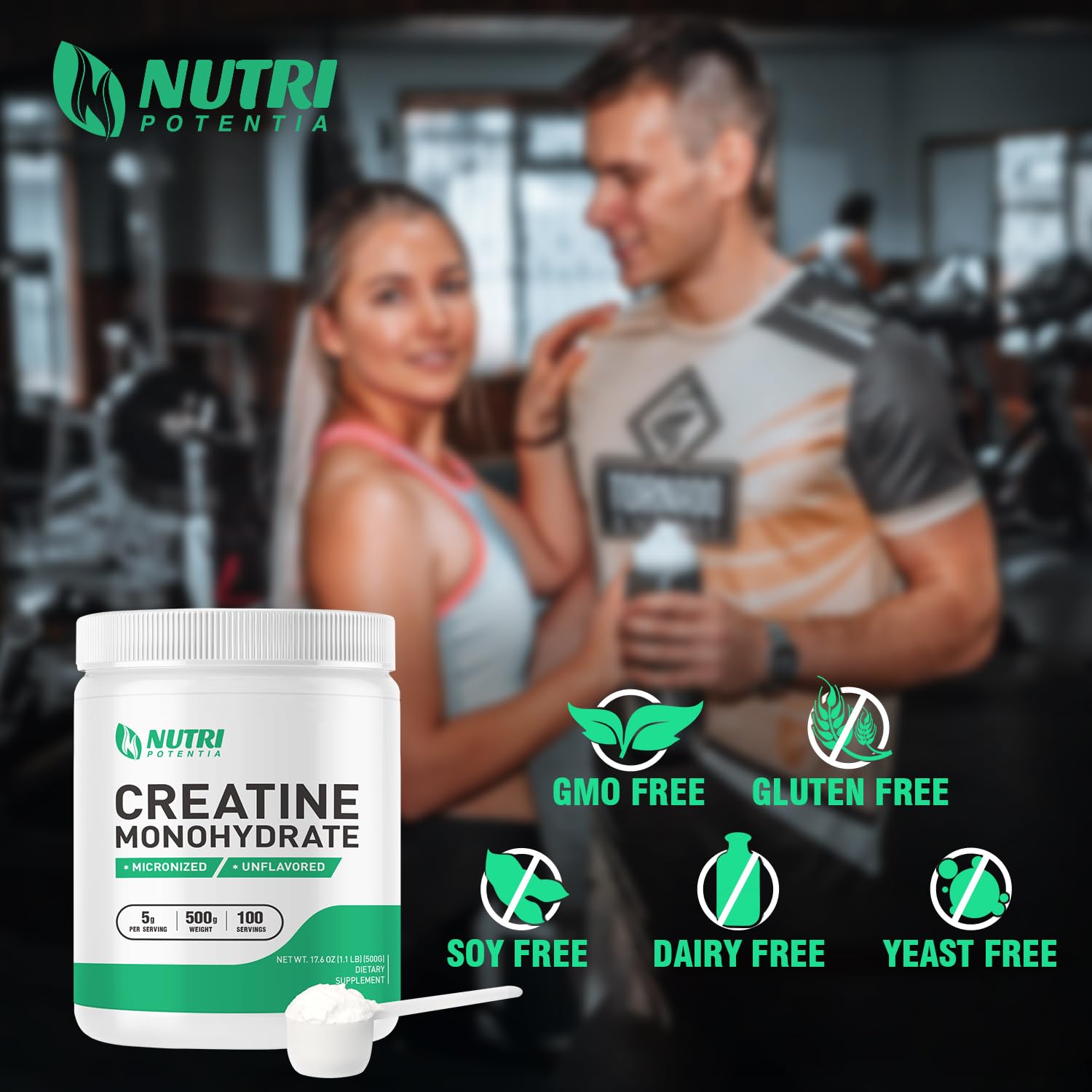 NUTRI POTENTIA Creatine Monohydrate polvo fino, textura suave para batidos.