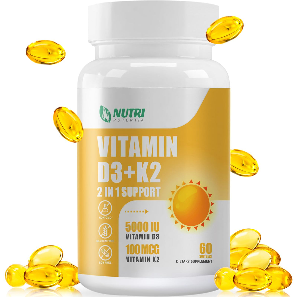 NUTRI POTENTIA frasco D3 K2 para huesos y corazón, fácil de dosificar