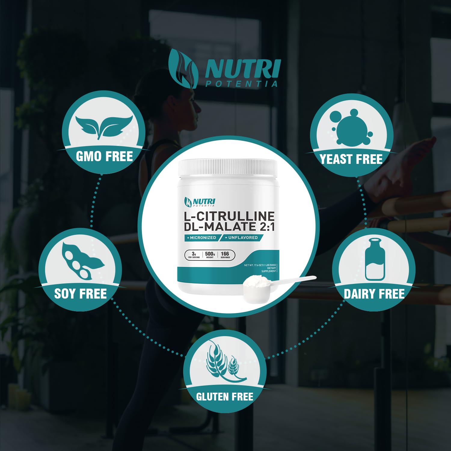 NUTRI POTENTIA L-Citrulina Malato 2:1, porciones para uso prolongado.