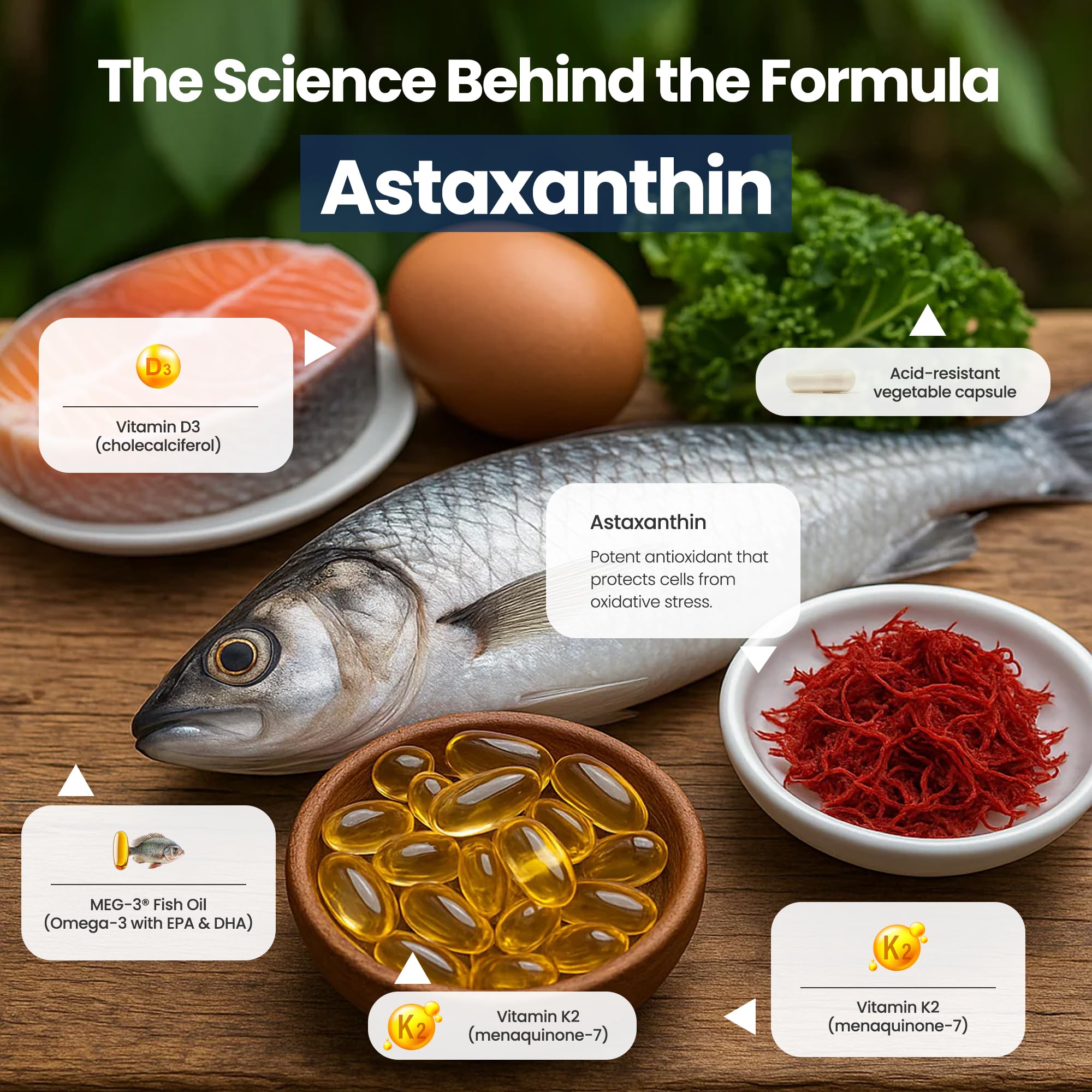 Nutri11 D3 K2 Astaxantina Ingredientes: combinación antioxidante en una fórmula conveniente.