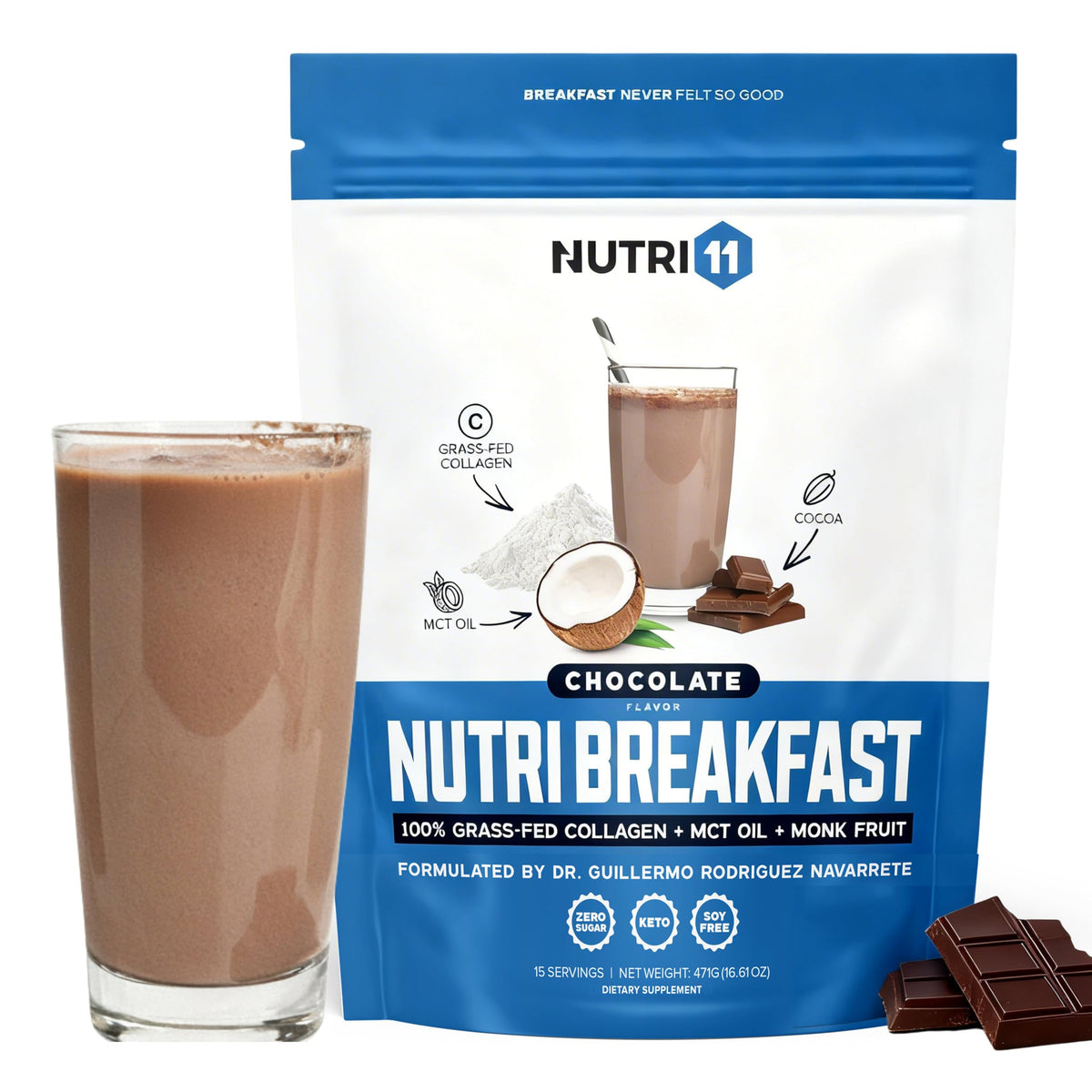 Nutri11 NutriBreakfast pote chocolate, energía cetogénica para el desayuno.
