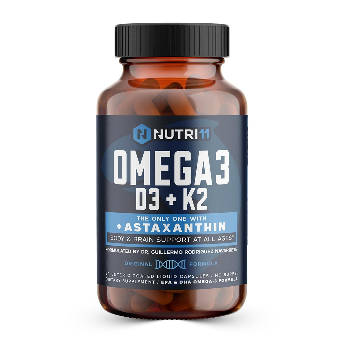 Nutri11 Omega-3 Enterico: cápsulas para absorción eficiente y sabor neutro.