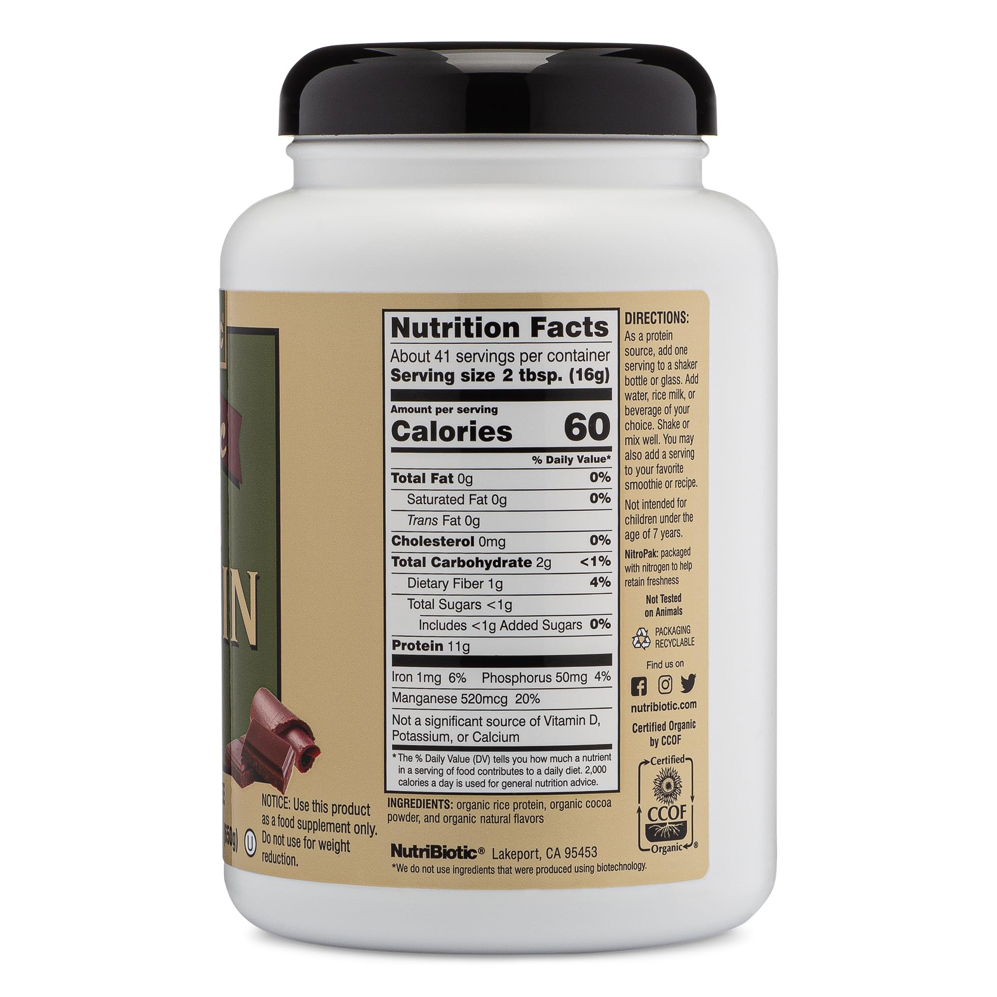 NutriBiotic proteína de arroz, etiqueta certificada kosher, garantía de pureza