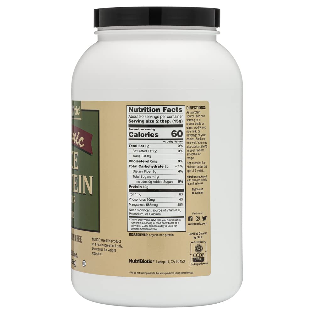 Etiqueta orgánica de NutriBiotic con proteína de arroz.