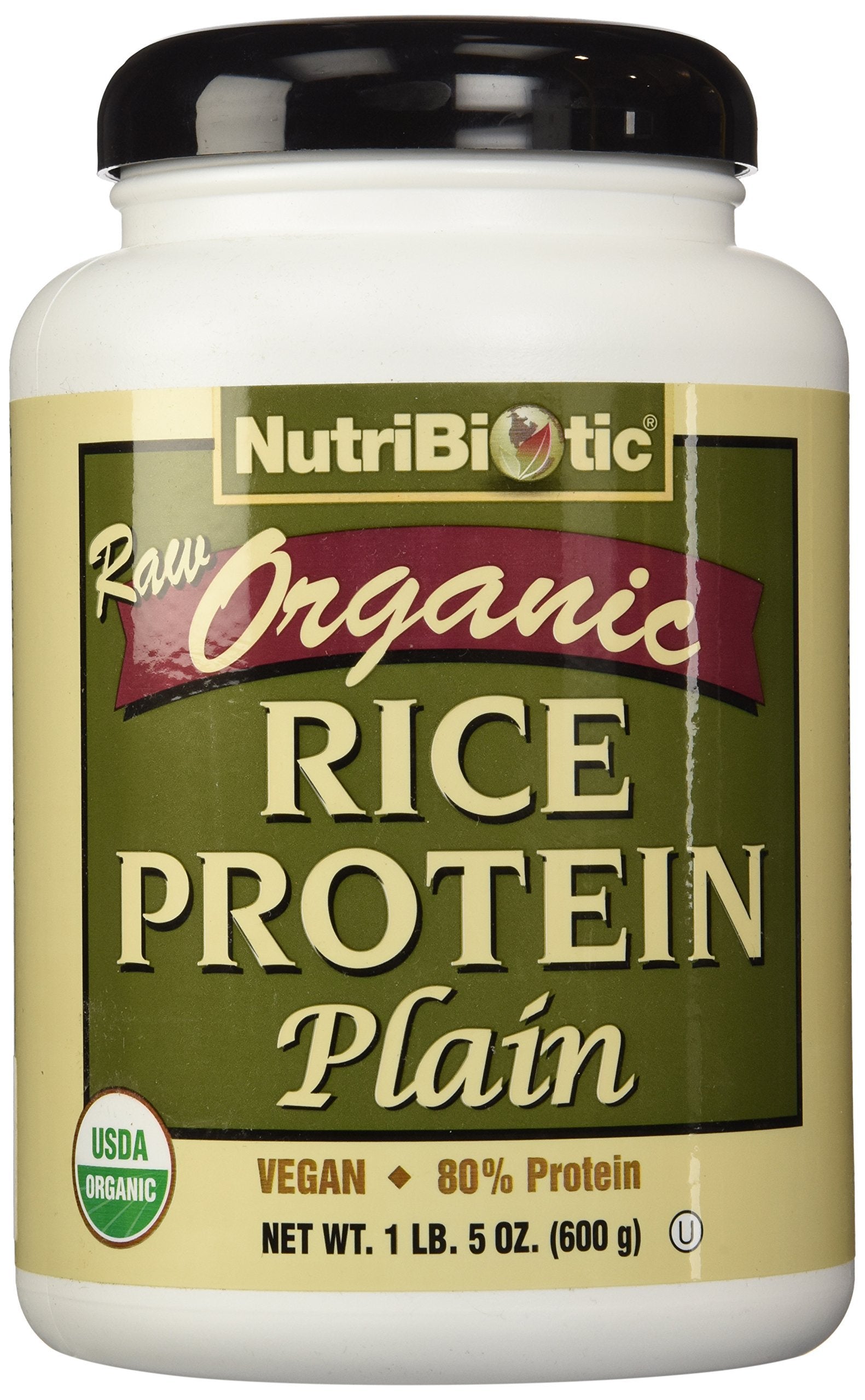 NutriBiotic proteína de arroz, polvo de textura fina para mezclas suaves.