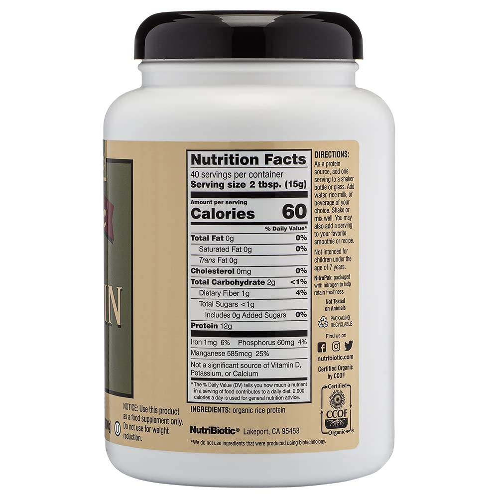 NutriBiotic proteína de arroz, tapa con sello interior para envase seguro.