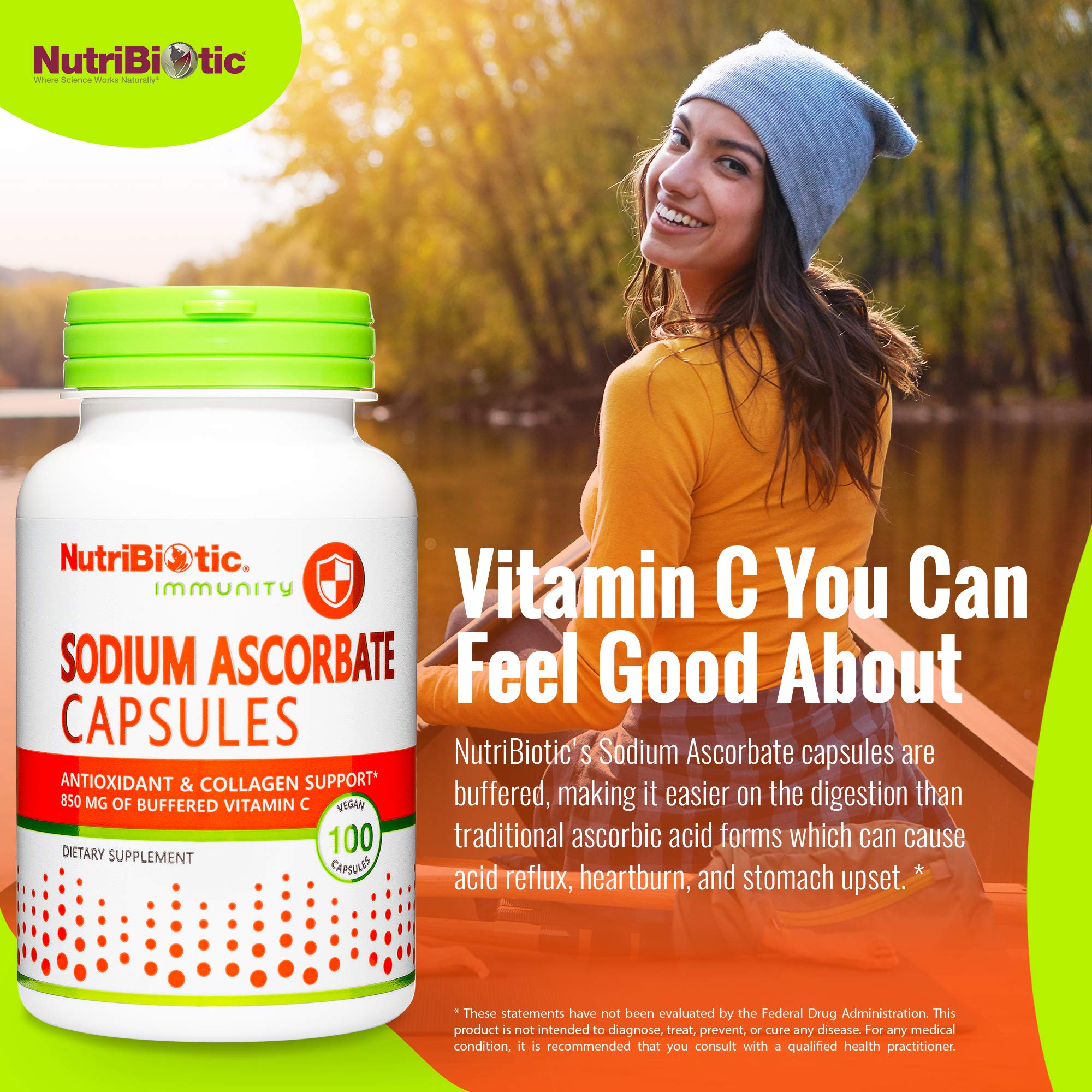 Cápsulas NutriBiotic en estuche portátil, ideales para tomar en cualquier momento.