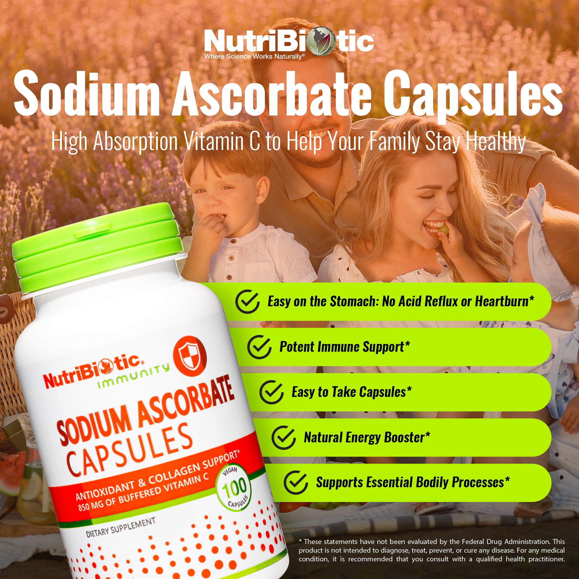 NutriBiotic cápsulas de vitamina C suaves para digestión, aptas para estómago sensible.