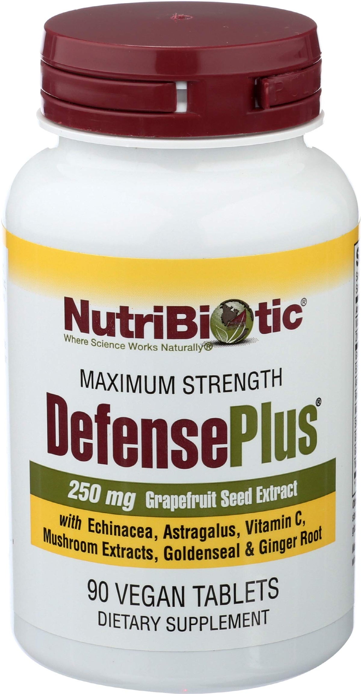 NutriBiotic DefensePlus en botella, ideal para consumo diario.