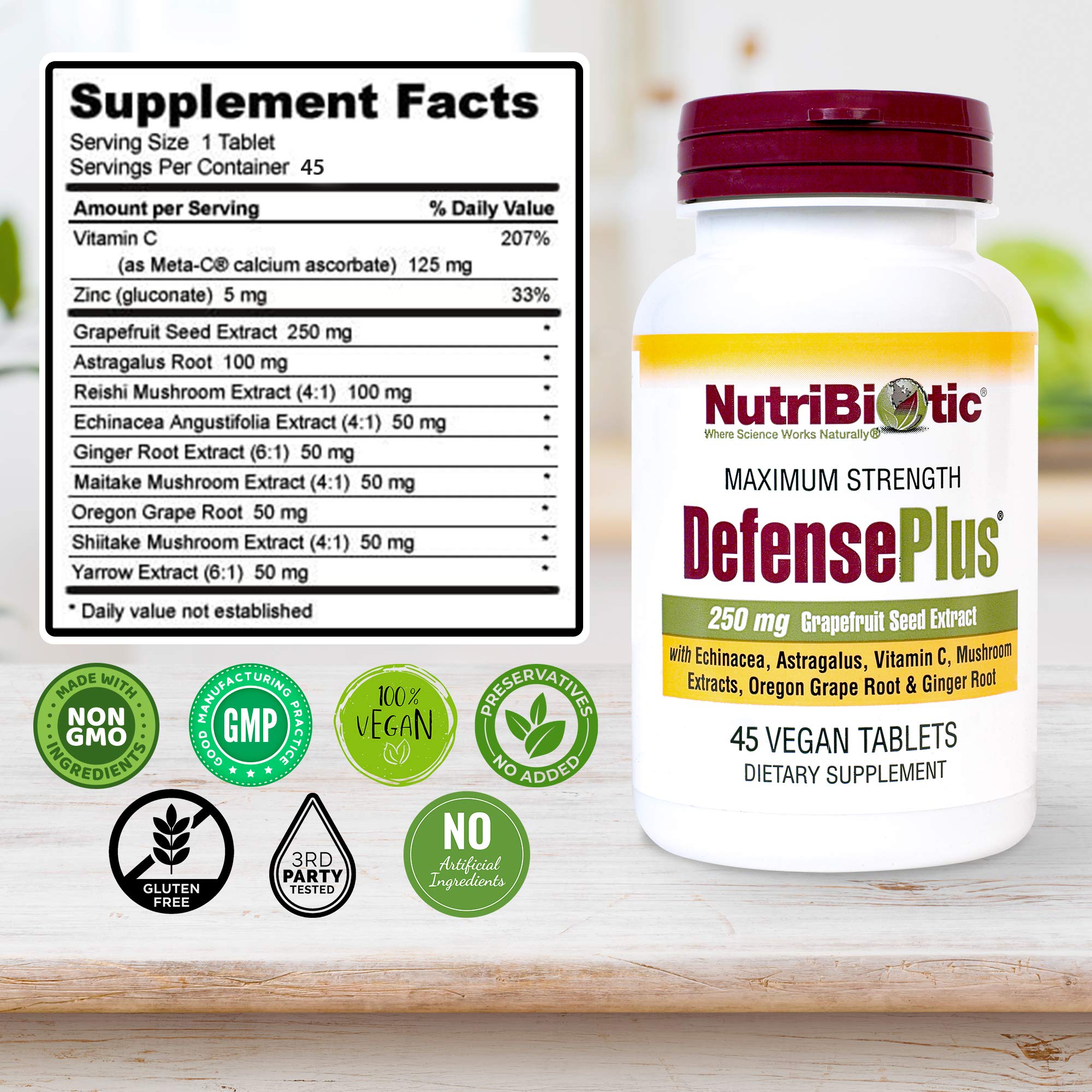 NutriBiotic DefensePlus etiqueta informativa con ingredientes clave y beneficios.
