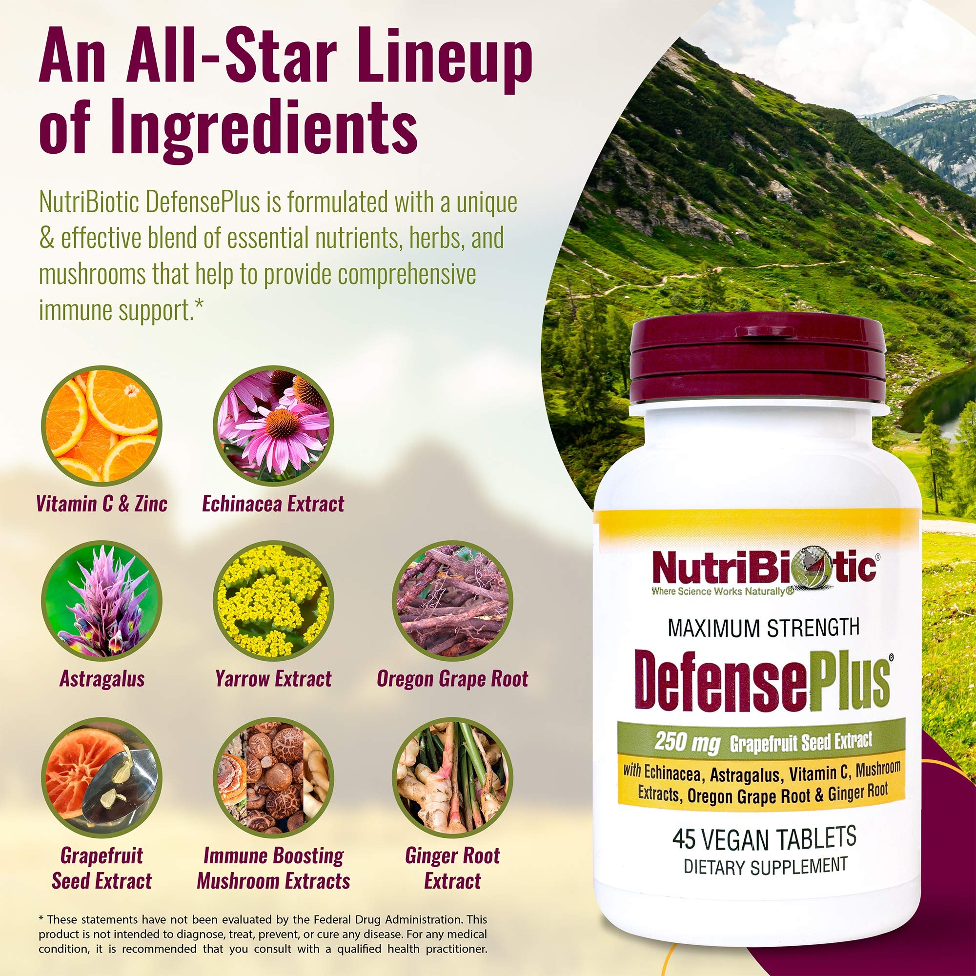 NutriBiotic DefensePlus dosis en tableta, conveniente para viajes y vida activa.
