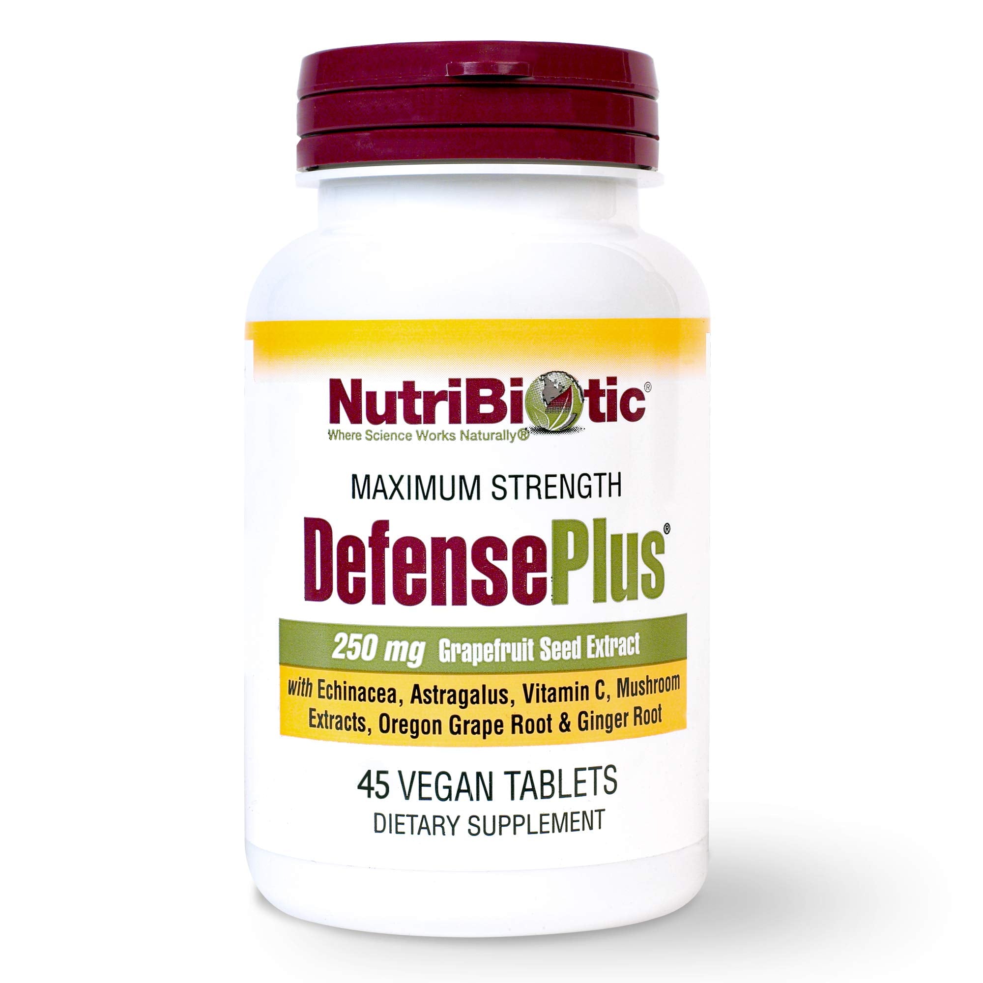 NutriBiotic DefensePlus frentes del envase con 45 tabletas para apoyo inmunológico.