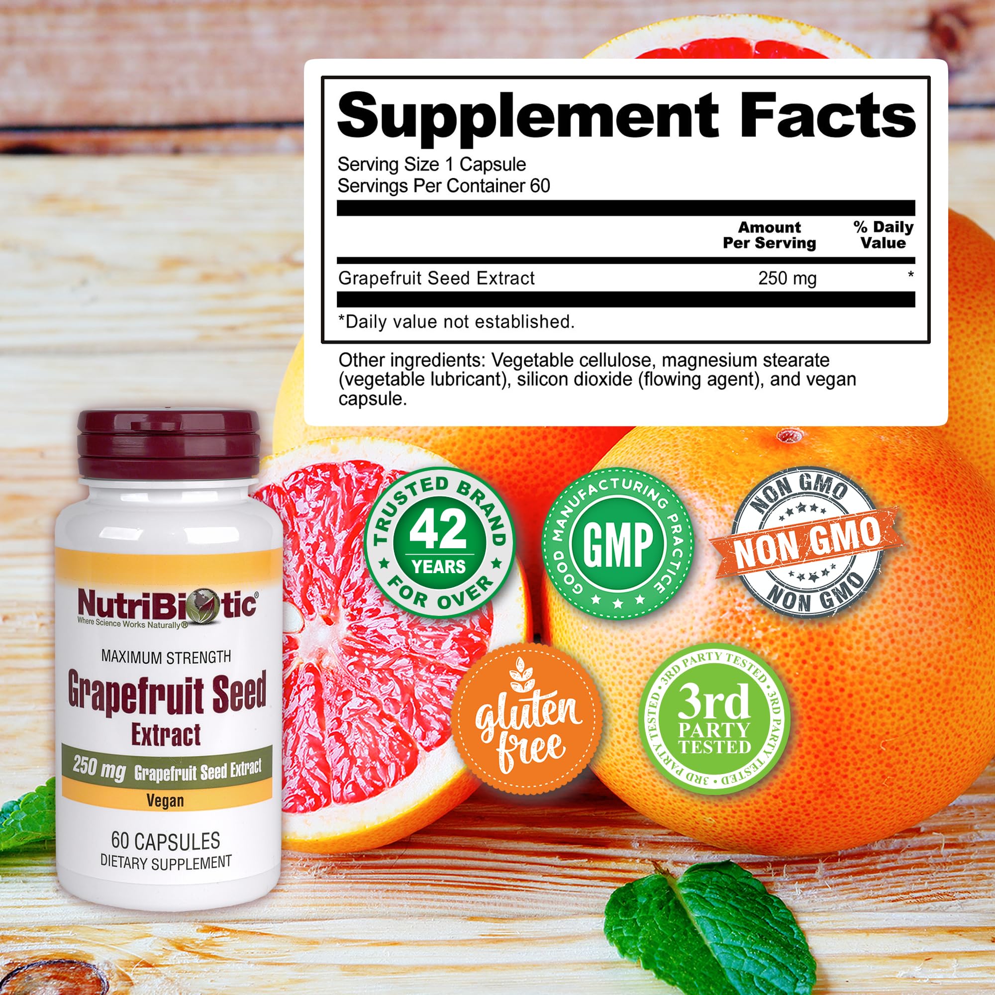 NutriBiotic etiqueta frasco extracto pomelo, cápsulas listas para tomar