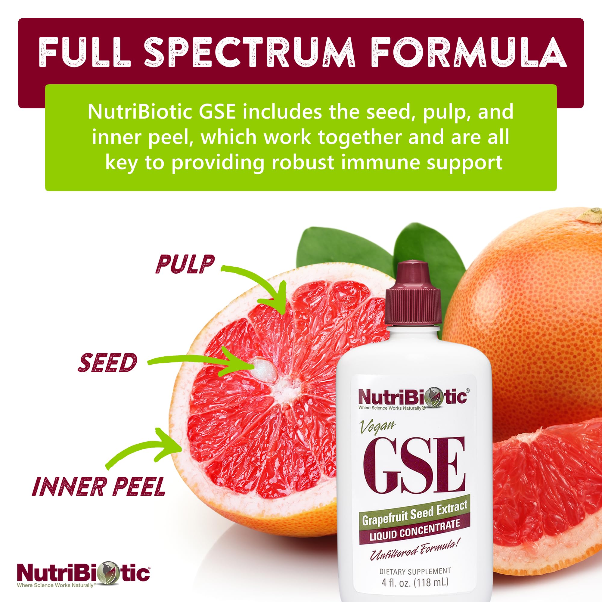 NutriBiotic GSE, etiqueta vegana sin gluten, opción limpia para dietas.