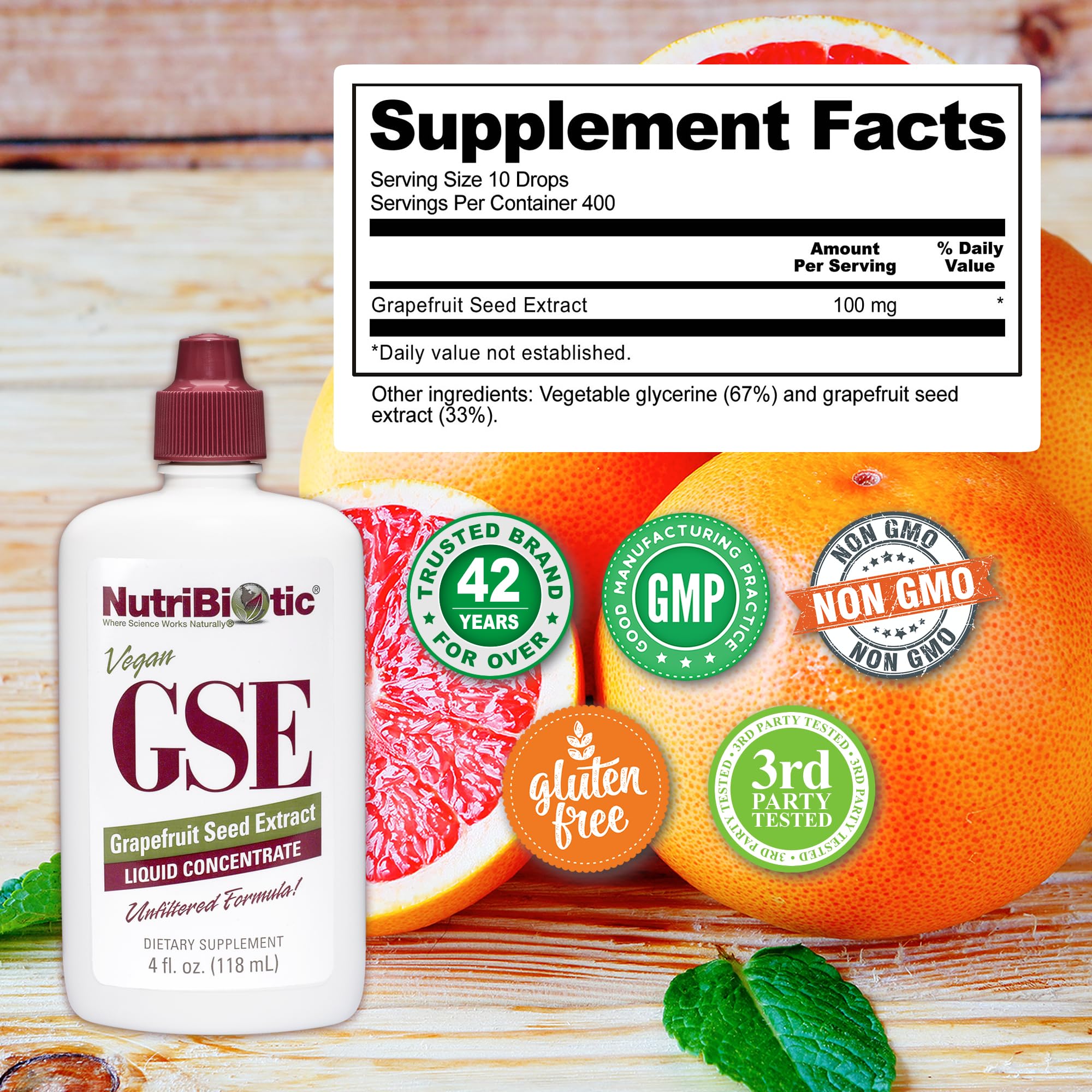 NutriBiotic GSE, hecho en EE UU, garantía de calidad.