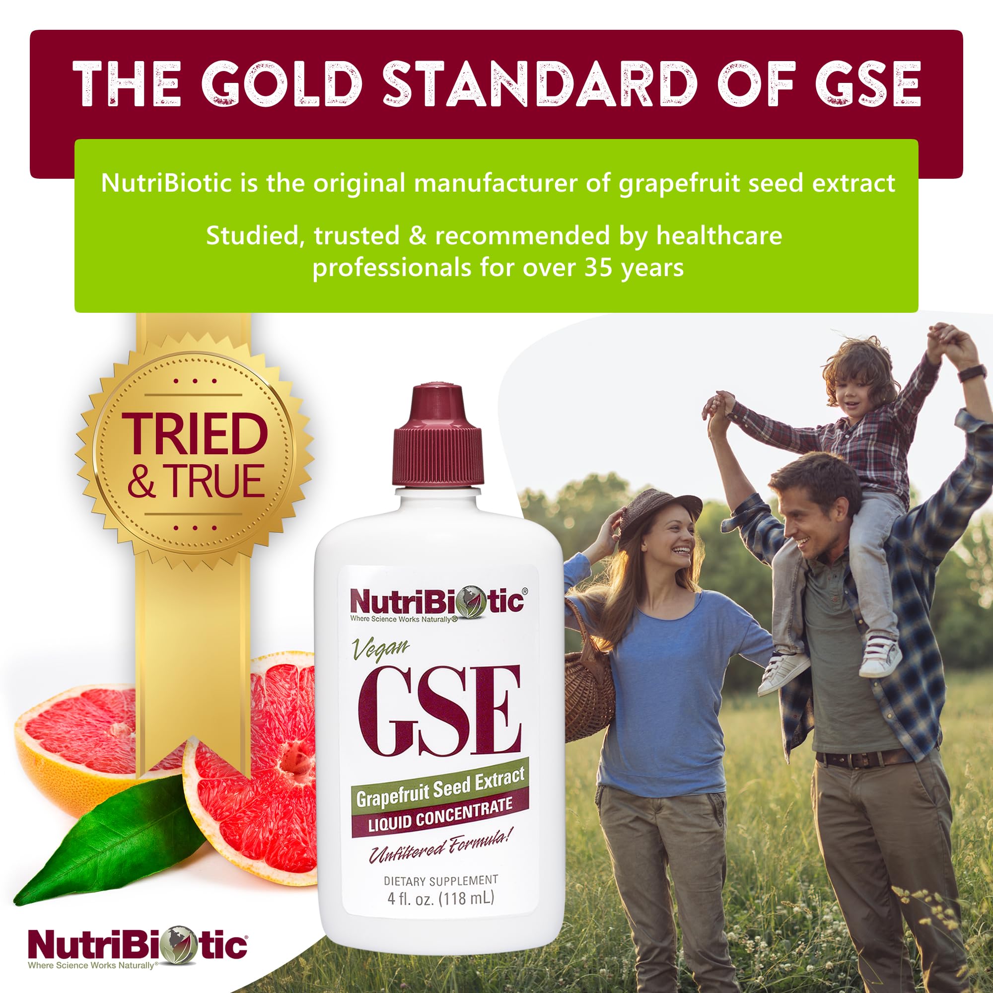 NutriBiotic GSE, pulpa y semillas de pomelo visibles, extracción natural.