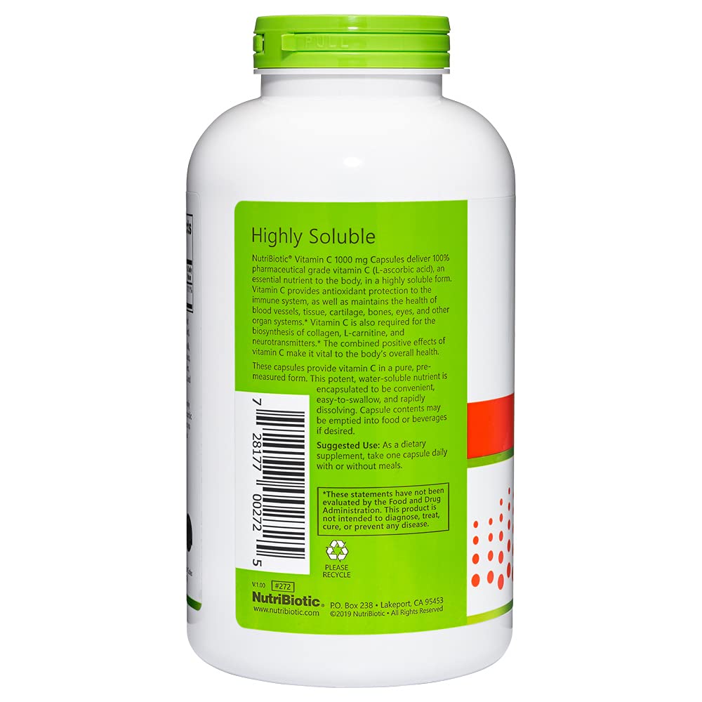 Detalle de cápsulas NutriBiotic Vitamina C 1000 mg, fuente de antioxidantes.