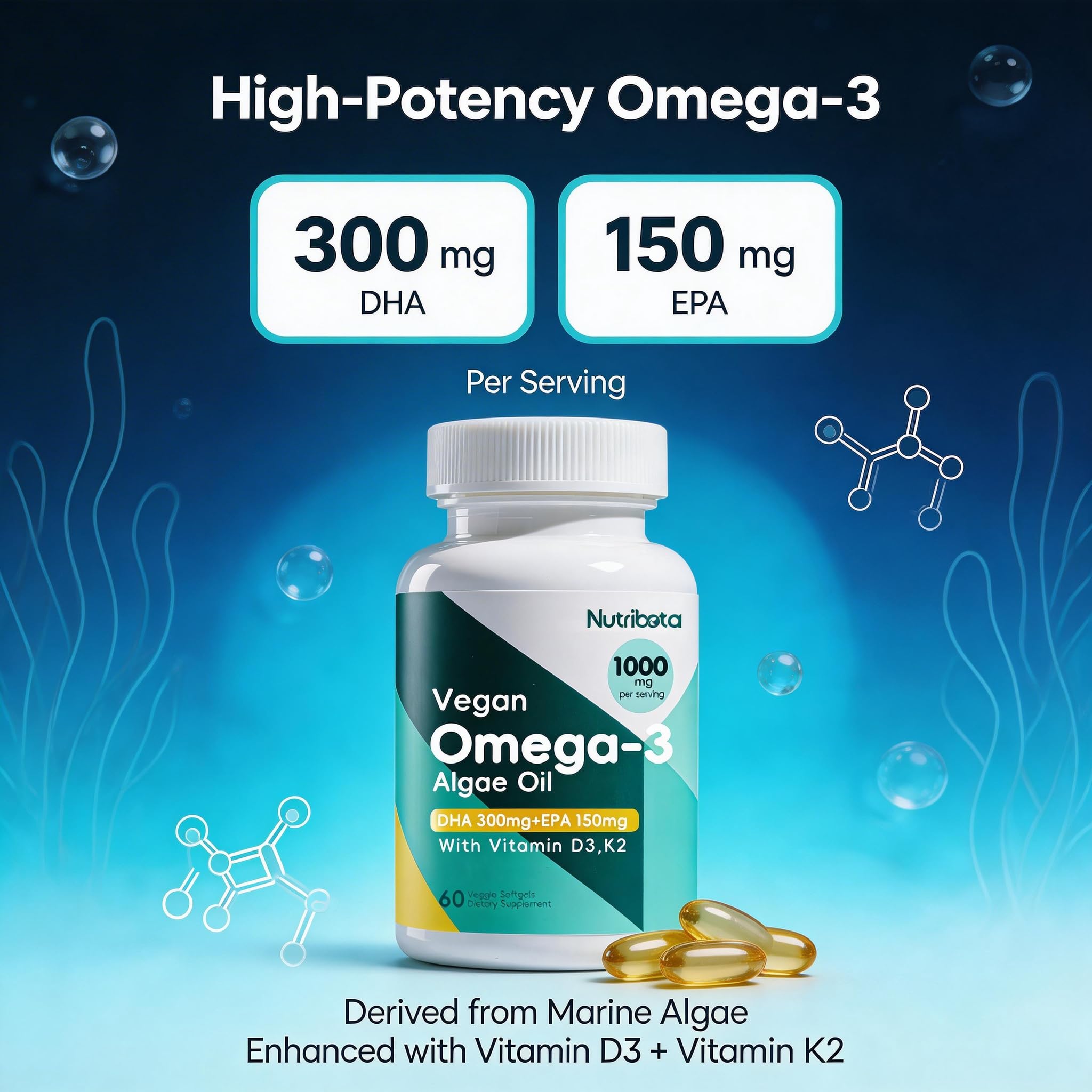 Nutribota omega-3 de algas en cápsulas con D3 y K2, para bienestar diario.