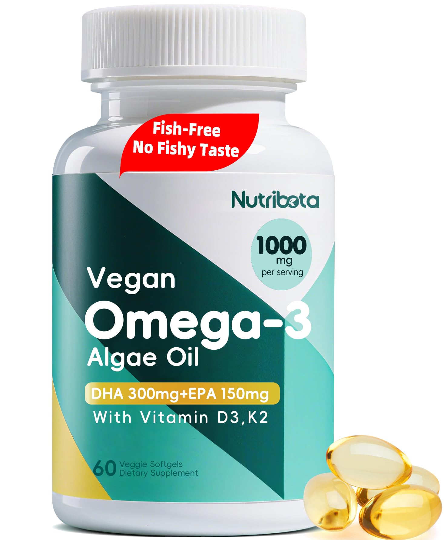 Nutribota omega-3 de algas en frasco para uso diario.