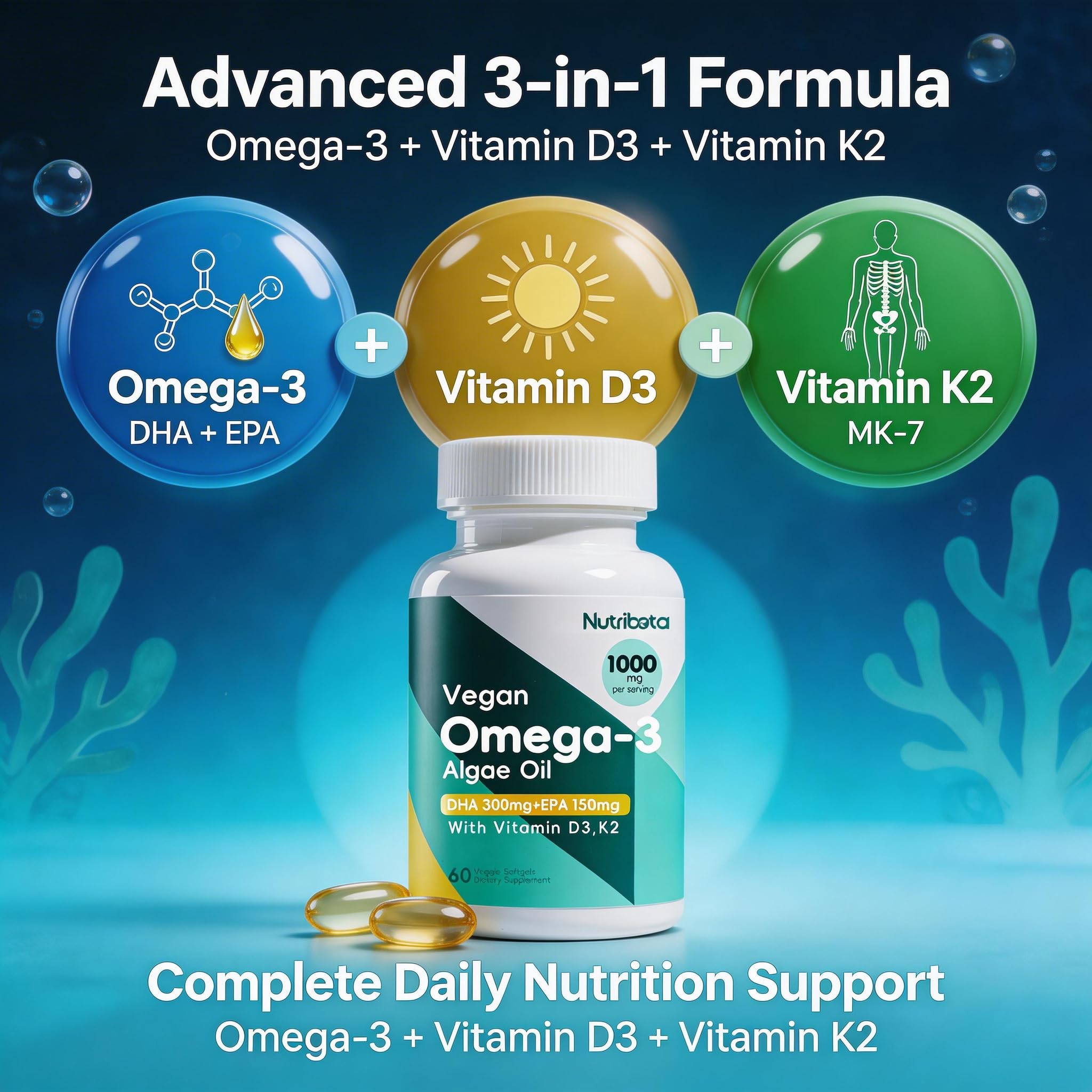 Nutribota omega-3 en caja de cápsulas veganas para uso diario.