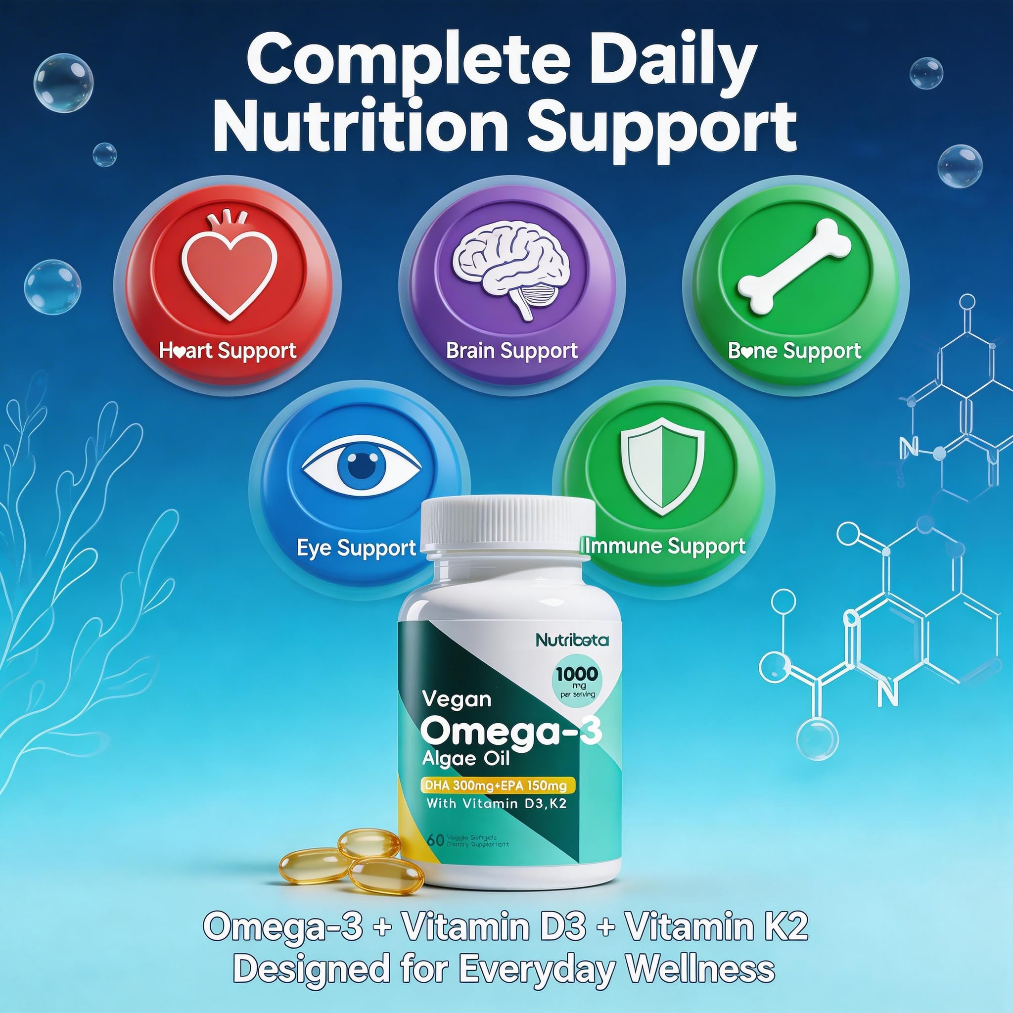 Nutribota etiqueta limpia en envase de omega-3 vegano.
