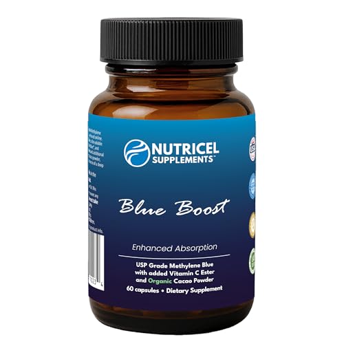 Nutricel Metileno Azul: cápsulas junto a un vaso para toma diaria fácil.