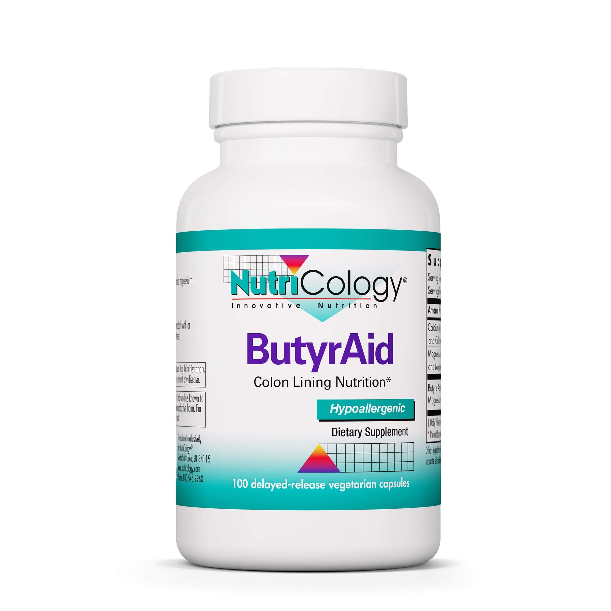NutriCology ButyrAid: cápsulas en frasco para apoyar la salud intestinal.