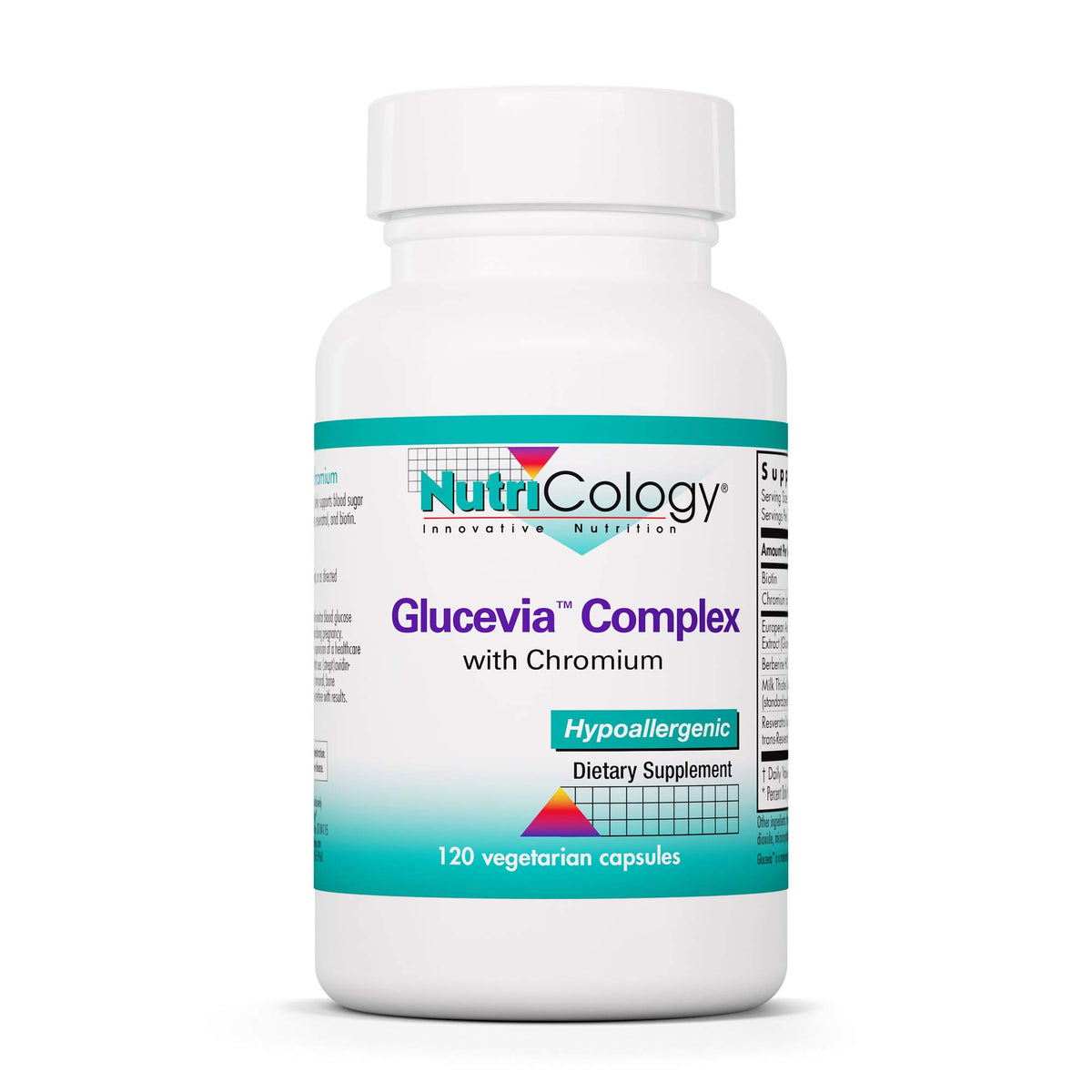 Nutricology Glucevia en botella de cápsulas, posible apoyo al metabolismo hepático.