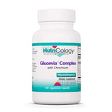 Nutricology Glucevia en botella de cápsulas, posible apoyo al metabolismo hepático.