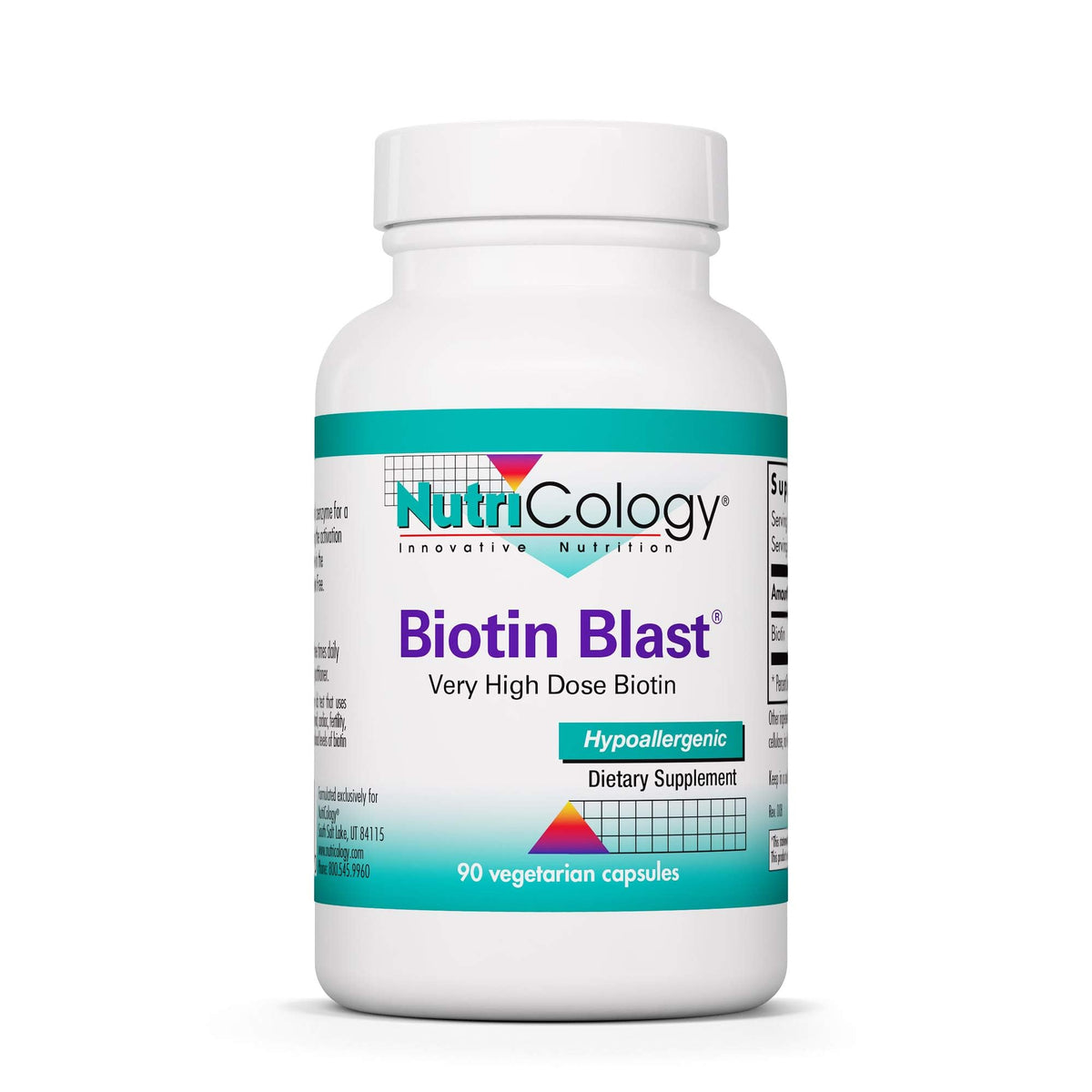 Nutricology HiBiotina, botella con cápsulas, fácil de incorporar en la rutina diaria.