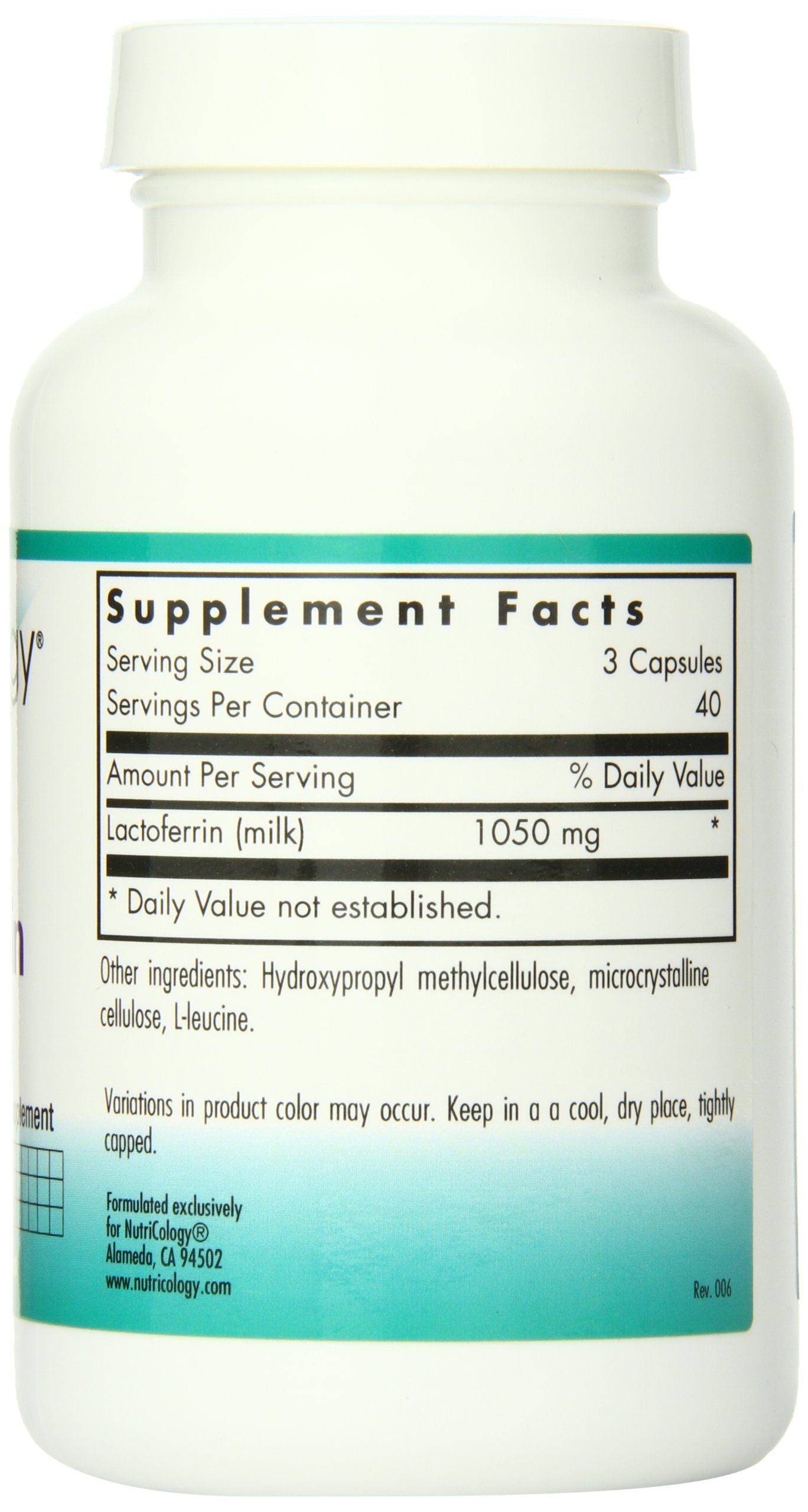 Etiqueta de Nutricology lactoferrina, información de uso nocturno clara
