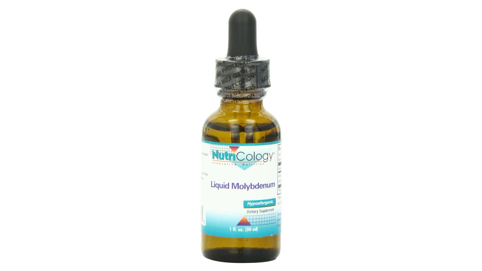 Nutricology molibdeno líquido, botella con gotero para dosis precisas y uso diario.
