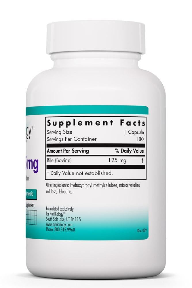 Frente de etiqueta NutriCology Ox Bile 125 mg, información clara sobre el producto