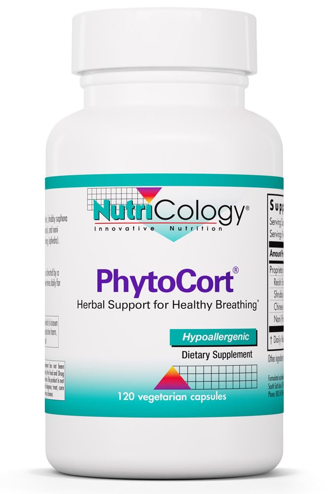 Nutricology PhytoCort cápsulas para soporte respiratorio diario.