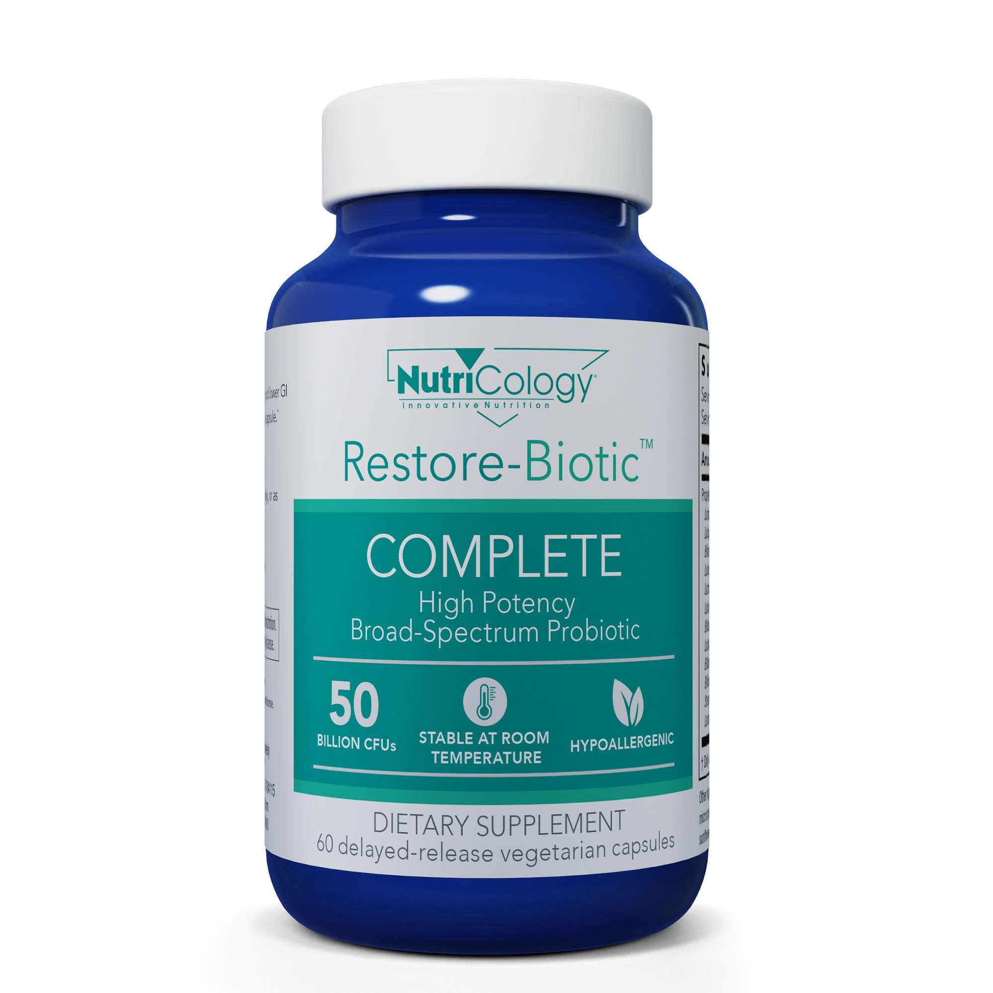 Nutricology Restore-Biotic Complete, botella: probiótico de alta potencia para equilibrio intestinal