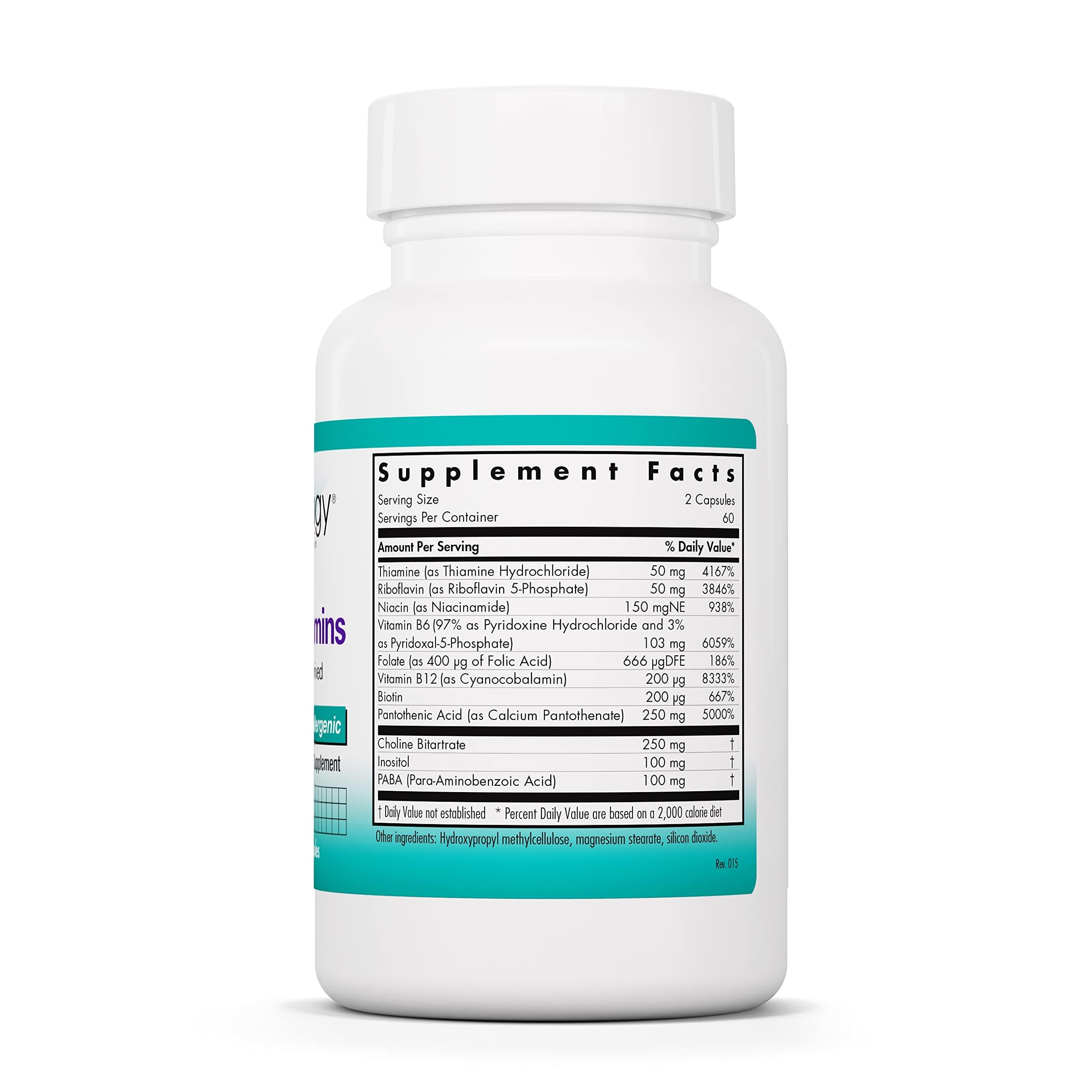 Nutricology Super Vitamin B Complex, frasco etiqueta, claridad de componentes y potencia.