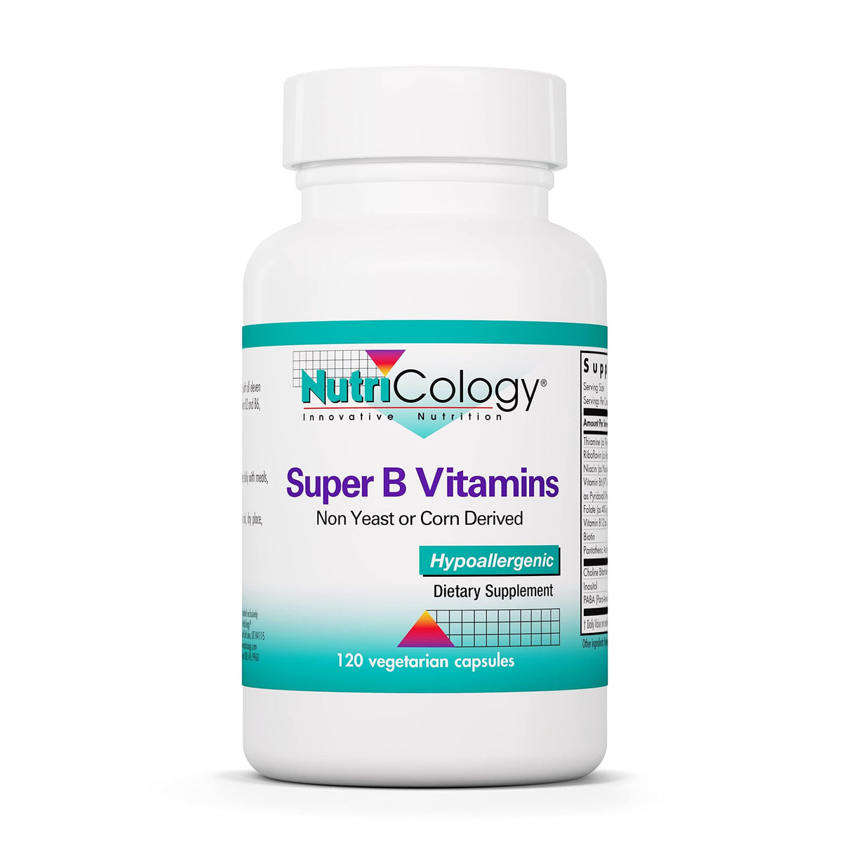 Nutricology Super Vitamin B Complex, frasco frente, apoyo diario para bienestar general.