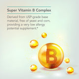 Nutricology Super Vitamin B Complex, frasco sin alérgenos, ideal para dietas sensibles.