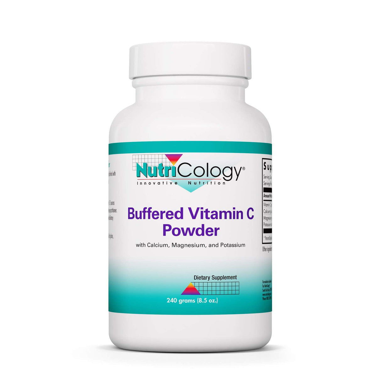 Nutricology Vitamina C bufferada en bote: enfoque en el envase y apoyo posible para cabello, piel y uñas.