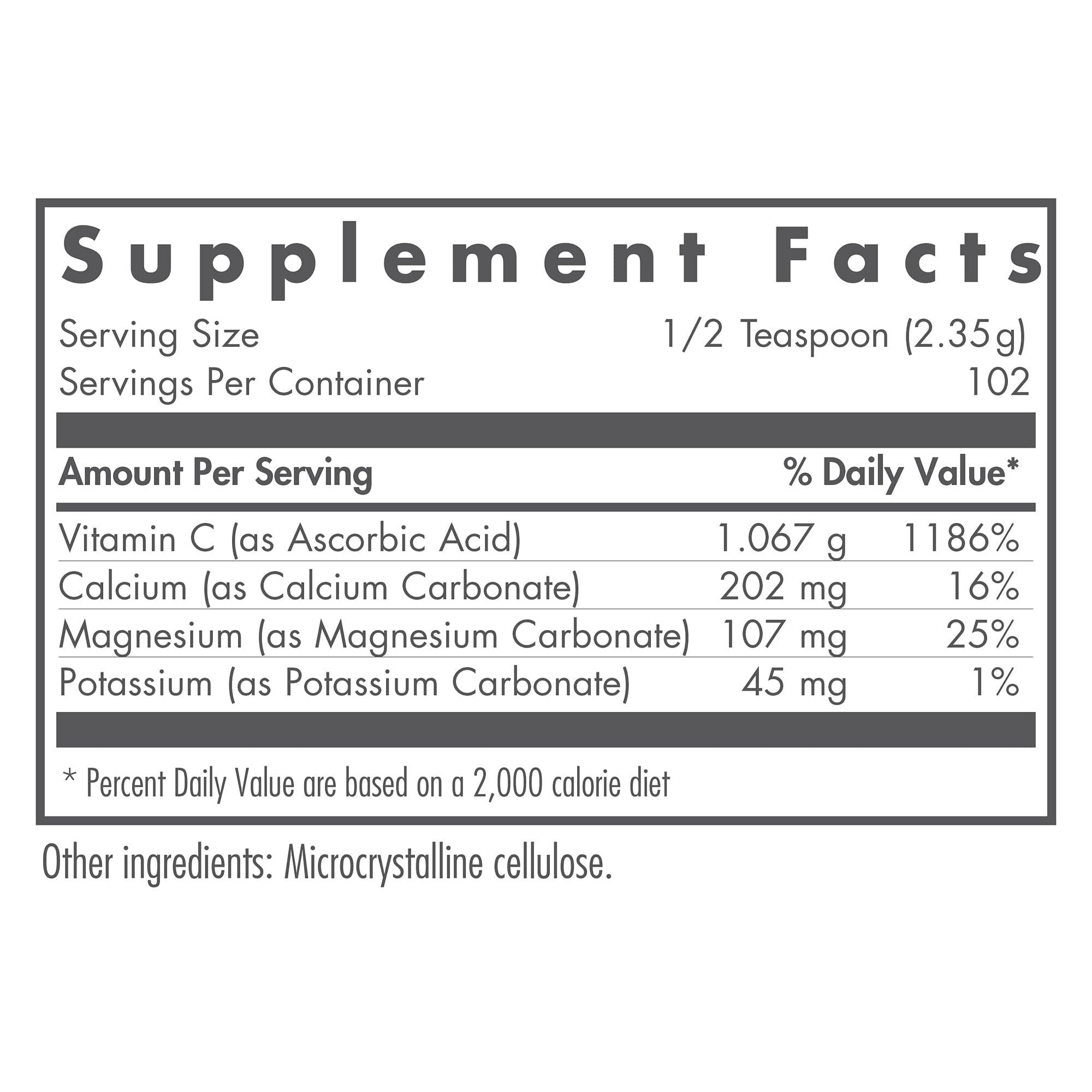 Nutricology Vitamina C bufferada etiqueta: detalle visible de composicion y alergenos.