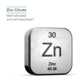 Nutricology Zinc Citrato, etiqueta frontal, revela pureza y estándares de calidad.
