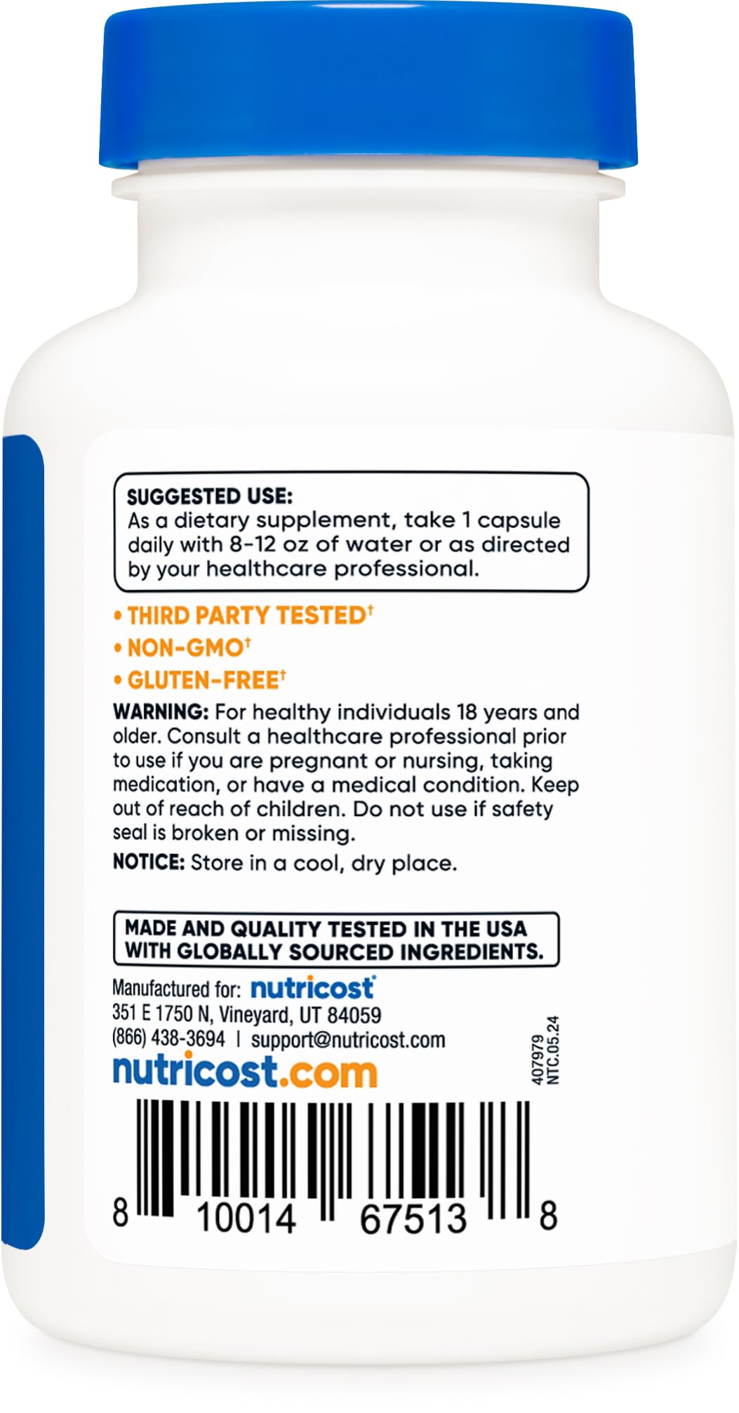 Nutricost 5-HTP, cápsulas vegetarianas dentro del envase, aspecto seguro.
