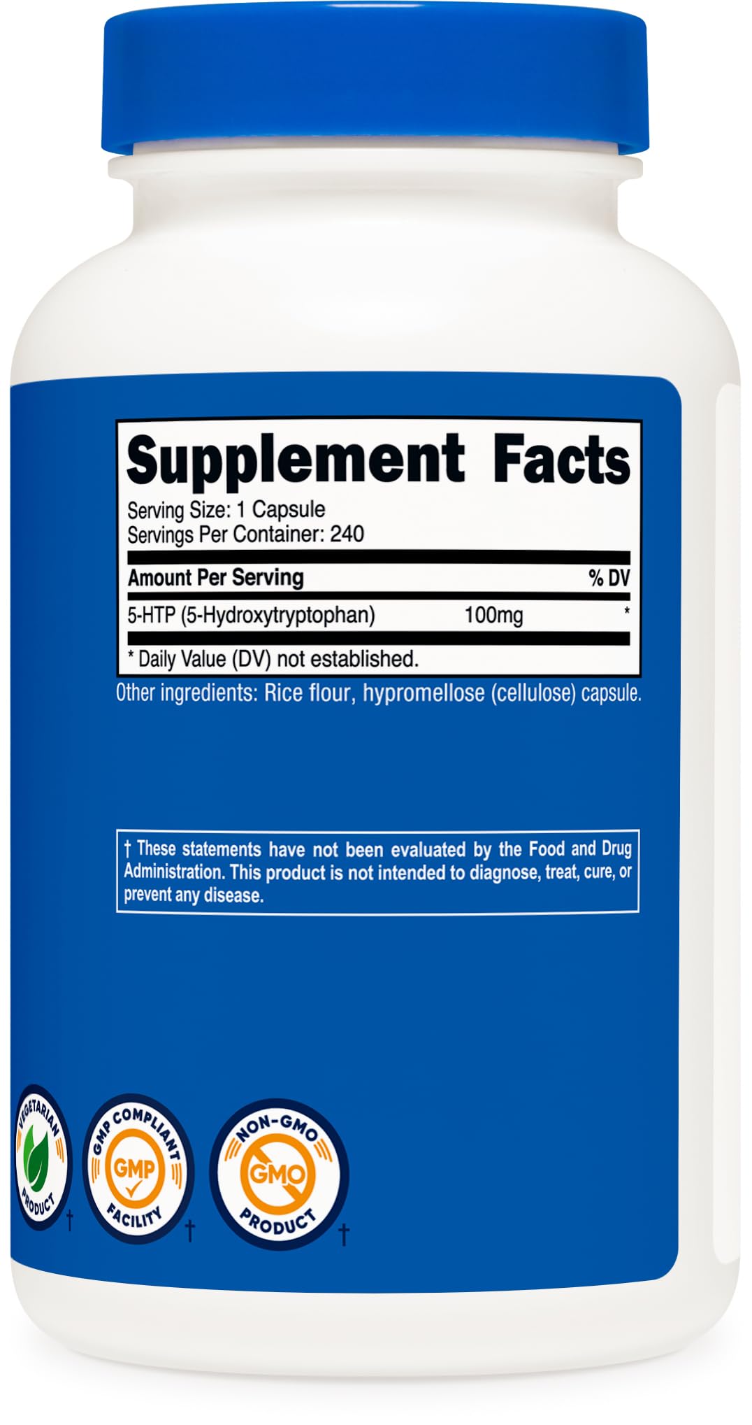 Nutricost 5-HTP empaque libre de gluten para dietas sensibles.