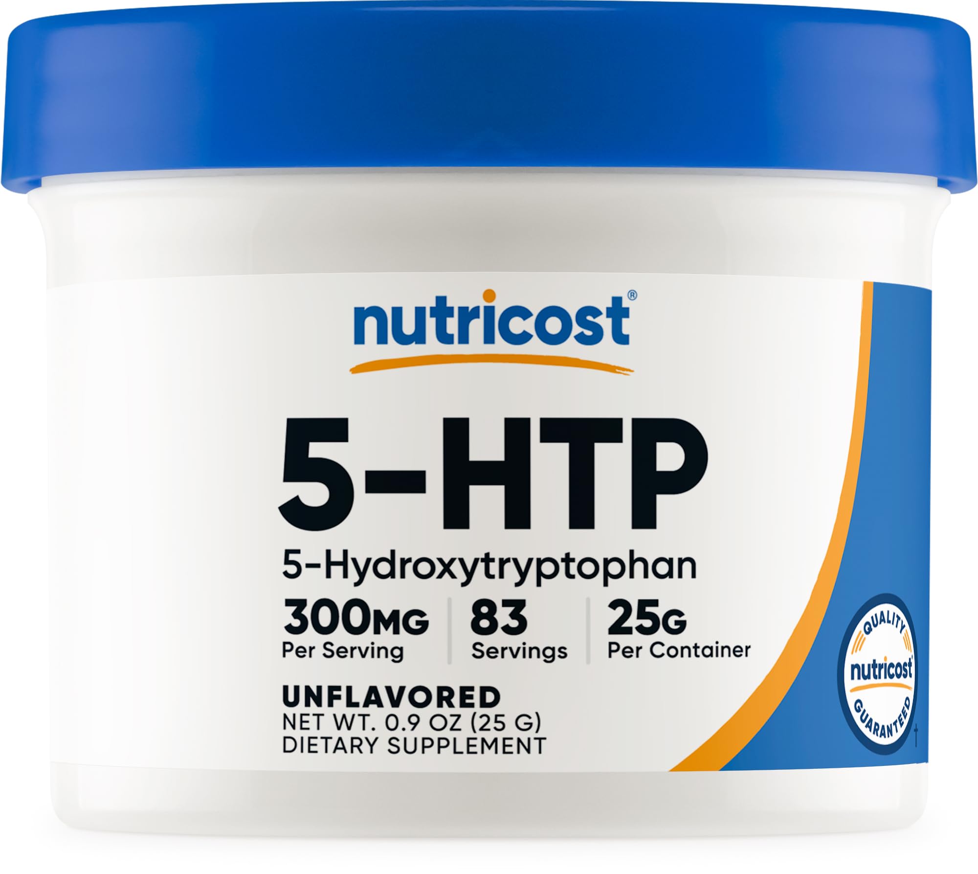 Nutricost 5-HTP polvo en botella frente, fácil identificación y dosificación.