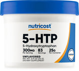 Nutricost 5-HTP polvo en botella frente, fácil identificación y dosificación.