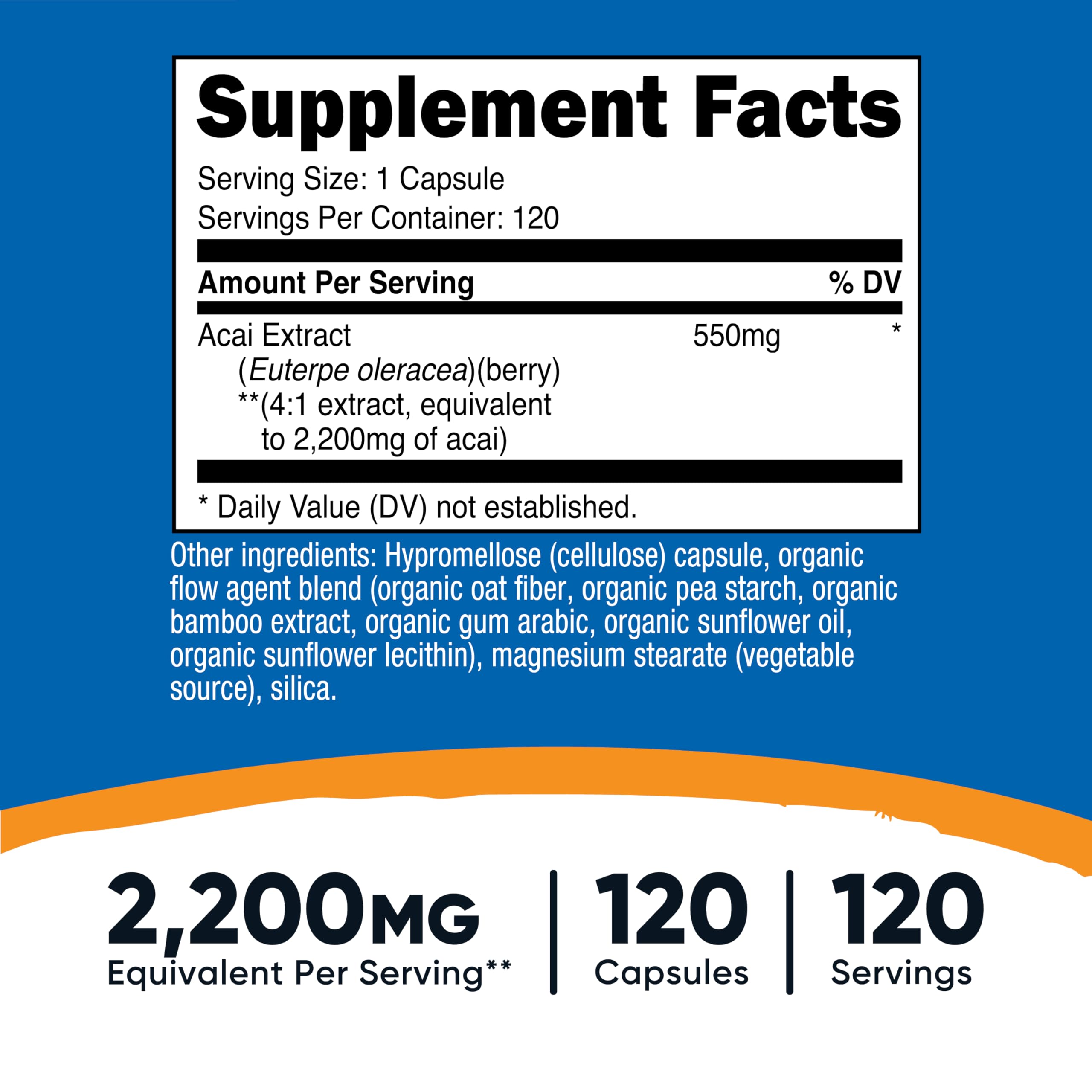 Nutricost Acai Extract envase de 120 cápsulas, opción sin gluten y sin transgénicos.