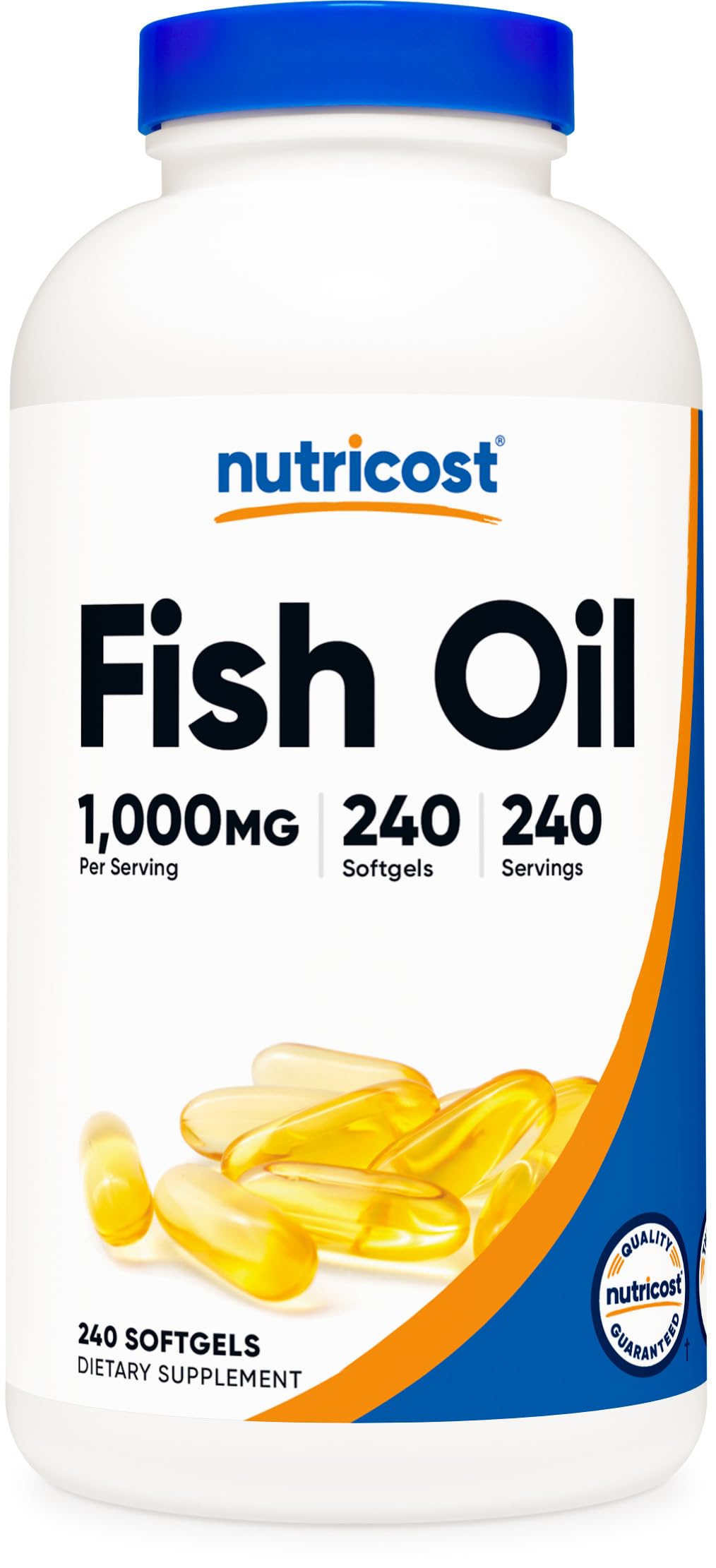 Nutricost Aceite de Pescado Omega-3 cápsulas frente a la botella, apoyo para la salud diaria.