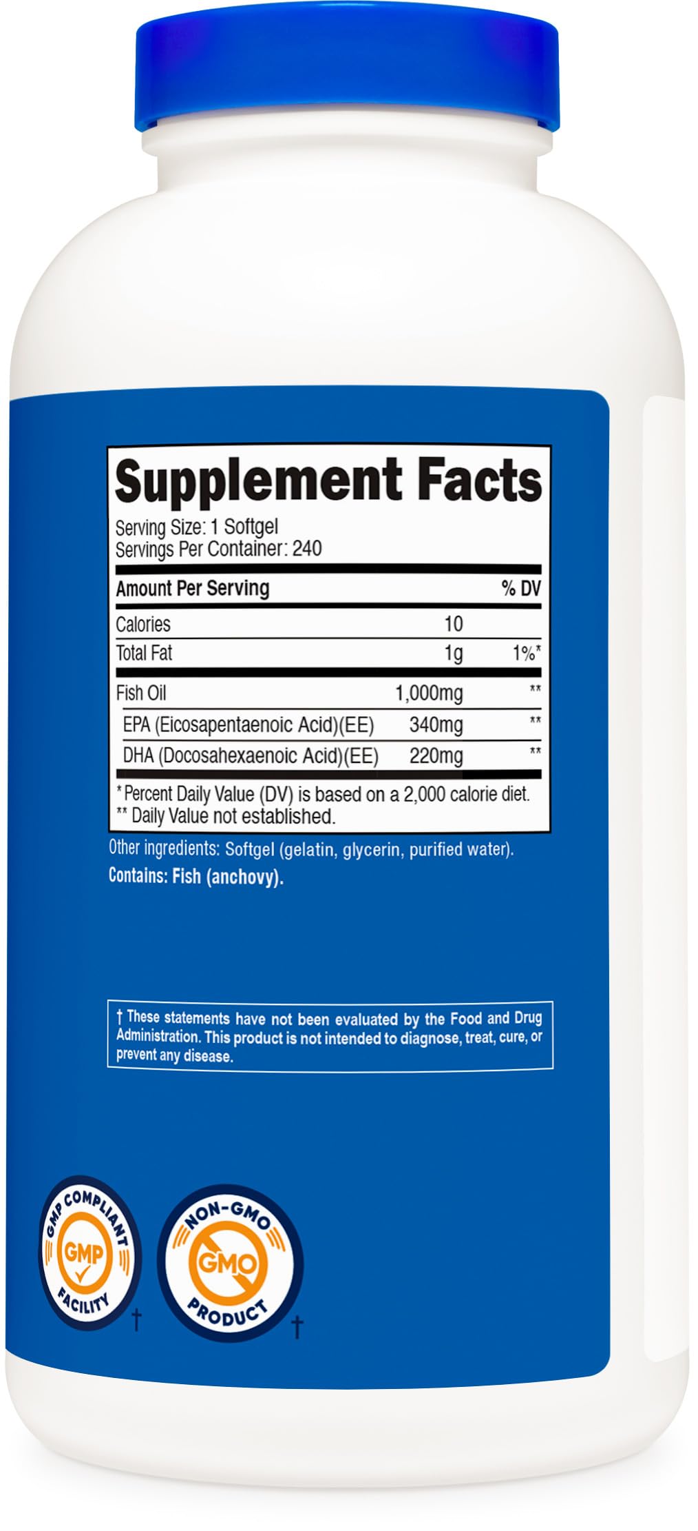 Envase principal de Nutricost Omega-3, fácil de incorporar a la rutina diaria.